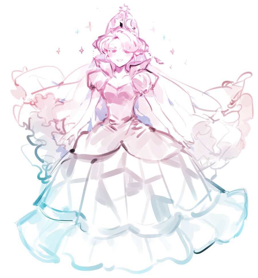 nana (ebitokanimiso), moonlight cookie, moonlight cookie (primordial light), cookie run, cookie run: ovenbreak, bad id, bad twitter id, commentary, inactive account, painttool sai (medium), symbol-only commentary, 1girl, breasts, cleavage, dress, hat, humanization, looking at viewer, monochrome, official alternate costume, pink theme, puffy short sleeves, puffy sleeves, short hair, short sleeves, simple background, sketch, smile, solo, sparkle, veil, white background