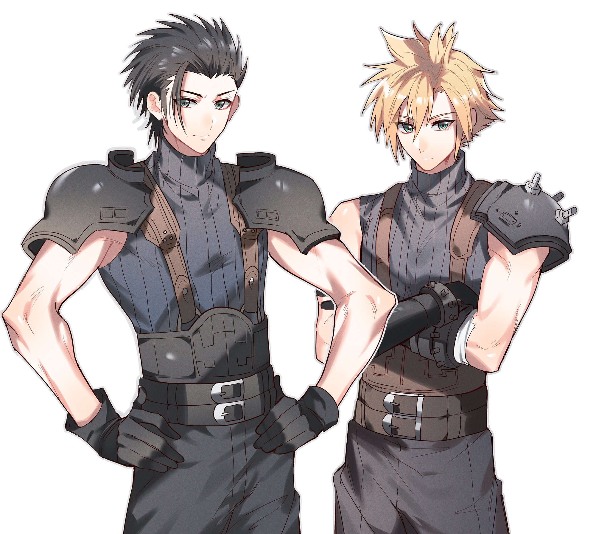 saba miso, cloud strife, zack fair, final fantasy, final fantasy vii, commentary request, highres, 2boys, armor, black gloves, black hair, black pants, blonde hair, gloves, green eyes, hands on own hips, male focus, multiple boys, pants, shoulder armor, sleeveless, sleeveless turtleneck, smile, suspenders, turtleneck