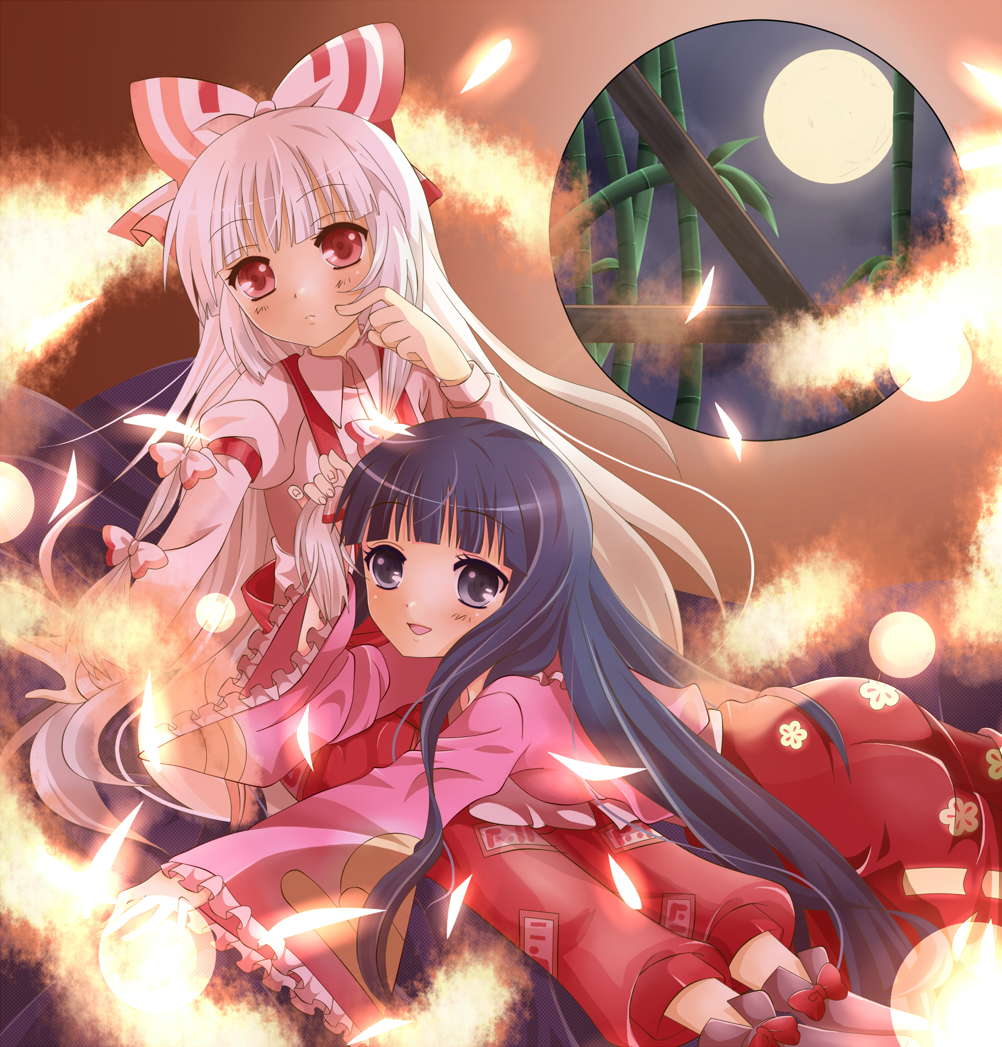 nekosugi (hoshi), fujiwara no mokou, houraisan kaguya, touhou, silver hair, bad id, bad pixiv id, highres, 2girls, bamboo, black hair, bow, female focus, full moon, hair bow, hair ribbon, long hair, moon, multiple girls, purple eyes, red eyes, ribbon, round window, suspenders, very long hair, window