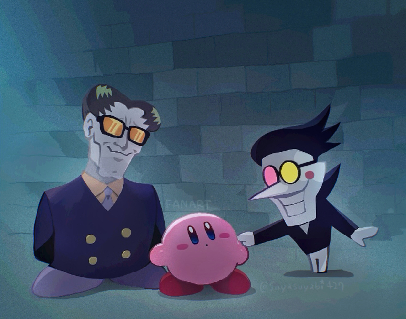 suyasuyabi, customer service (kirby), kirby, spamton g. spamton, deltarune, kirby: right back at ya!, kirby (series), nintendo, utdr (toby fox), commentary request, highres, 2boys, arms behind back, black-framed eyewear, black hair, black shirt, blue necktie, blue vest, blush, blush stickers, brick wall, closed mouth, collared shirt, colored skin, crossover, dot mouth, full body, glasses, grey skin, grin, long sleeves, male focus, multiple boys, necktie, opaque glasses, orange-tinted eyewear, pointy nose, round eyewear, shirt, short hair, smile, standing, sunglasses, teeth, tinted eyewear, two-tone eyewear, vest, white skin, yellow shirt