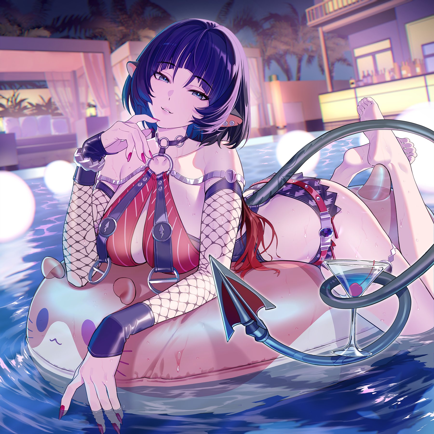 gr giri, jane doe (nocturne of light) (zenless zone zero), jane doe (zenless zone zero), zenless zone zero, commentary, english commentary, highres, second-party source, 1girl, animal ears, bare shoulders, barefoot, black hair, blue hair, blurry, blurry background, bottle, breasts, cup, detached sleeves, feet, fishnet sleeves, fishnets, holding, holding cup, inflatable toy, large breasts, looking at viewer, lying, mouse ears, mouse girl, mouse tail, multicolored hair, nail polish, night, o-ring, on stomach, one-piece swimsuit, outdoors, parted lips, pool, red hair, red nails, skirt, solo, swimsuit, tail, water, wet