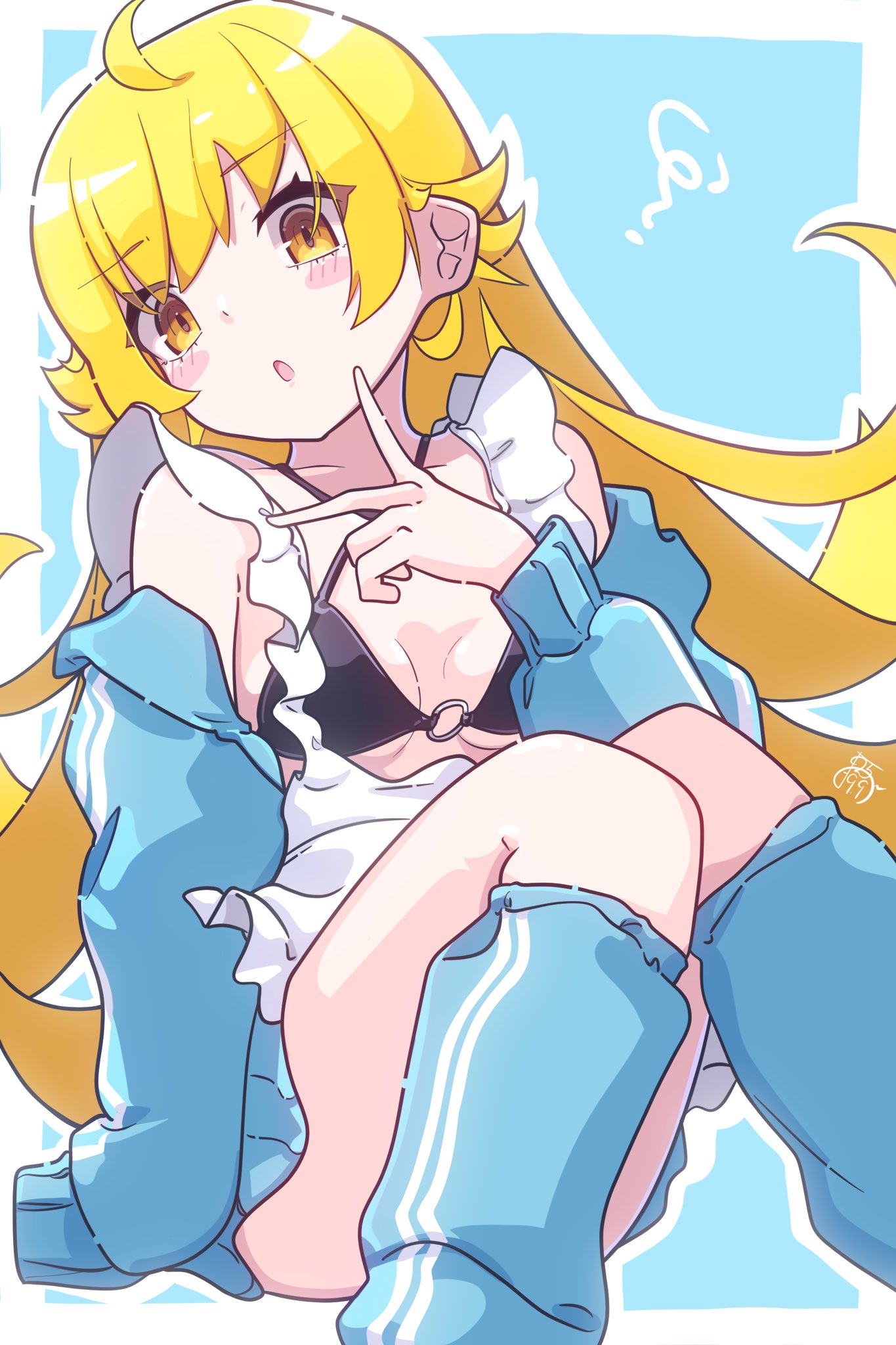 sunekos, oshino shinobu, monogatari (series), commentary request, highres, 1girl, :o, ahoge, apron, arm support, black bra, blonde hair, blue background, blue jacket, blue leg warmers, blush, blush stickers, border, bra, frilled apron, frills, hair flaps, jacket, jacket partially removed, knees up, leg warmers, long hair, o-ring, o-ring top, outline, signature, sitting, sleeves past fingers, sleeves past wrists, solo, underwear, very long hair, white border, white outline, yellow eyes