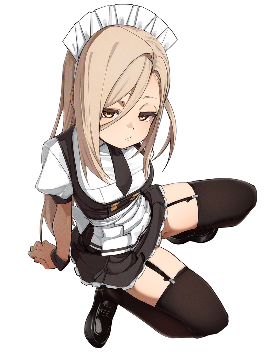 fu-ta, original, commentary request, 1girl, black garter straps, black necktie, black skirt, blonde hair, garter straps, hair between eyes, long hair, looking at viewer, maid, maid headdress, necktie, panties, pantyshot, puffy short sleeves, puffy sleeves, short sleeves, simple background, sitting, skirt, solo, thighs, underwear, white background, white panties, yellow eyes