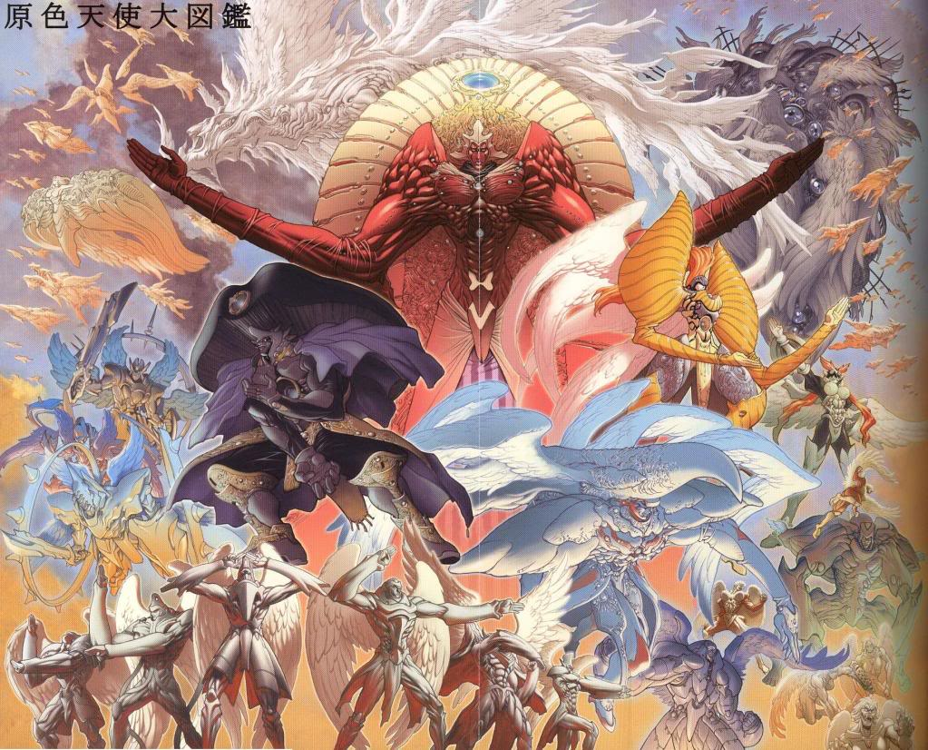 gabriel, michael (bastard!!), raphael (tmnt), sandalphon (evangelion), bastard!!, angel, angel wings, cloud, epic, everyone, fighting stance, long arms, outstretched arms, text focus, white wings, wings