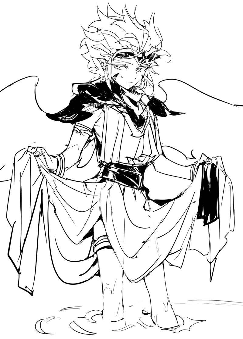 nana (ebitokanimiso), wind archer cookie, cookie run, bad id, bad twitter id, inactive account, painttool sai (medium), 1boy, androgynous, armor, bishounen, clothes lift, greyscale, headpiece, humanization, legband, lineart, looking at viewer, male focus, monochrome, partially submerged, robe, scar, short hair, simple background, sketch, skirt, skirt lift, solo, water, white background, wings