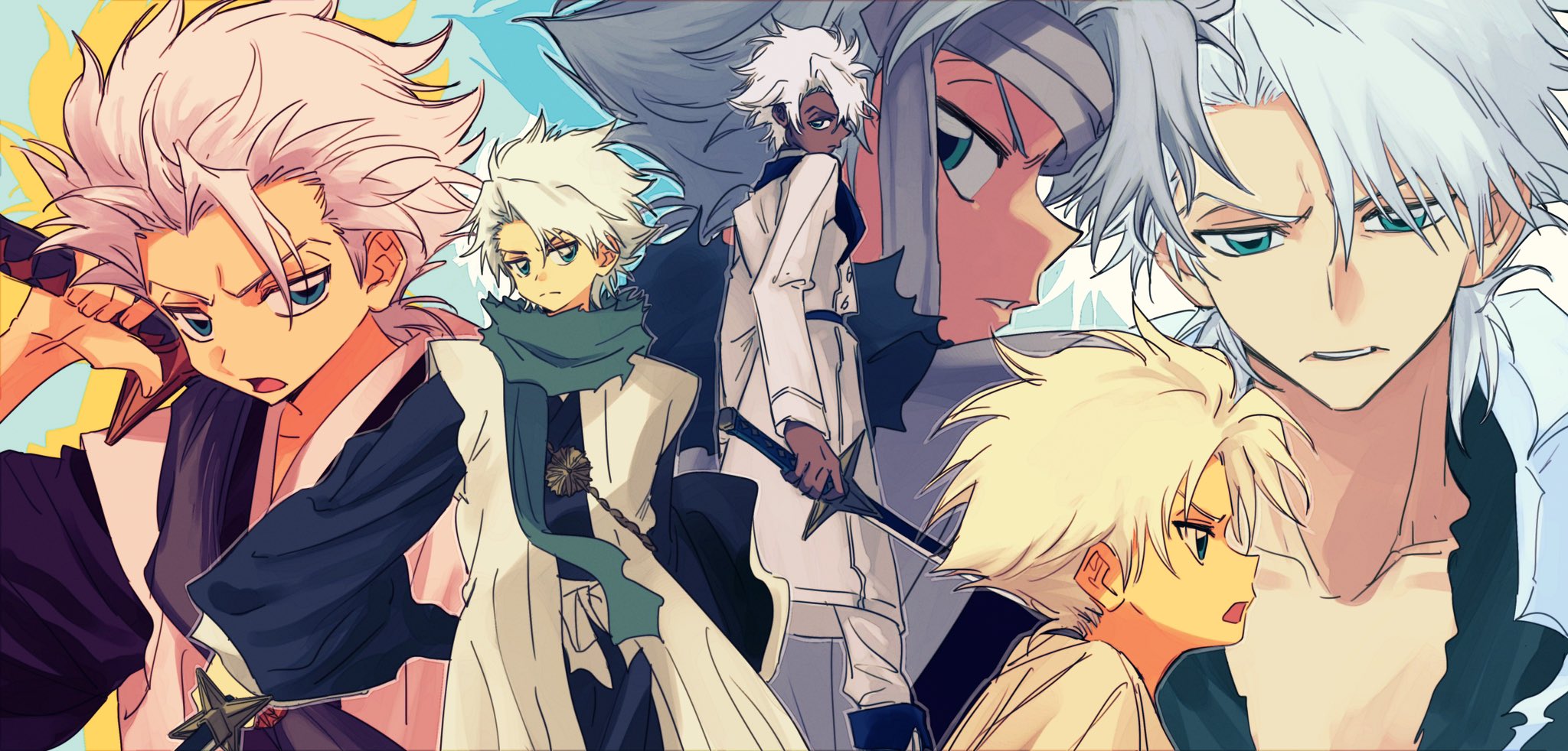 hitsugaya toushirou, bleach, bleach: sennen kessen-hen, commentary, commission, english commentary, highres, second-party source, ache jiao ache, aqua eyes, black hair, coat, collarbone, dark-skinned male, dark skin, green scarf, grey headband, haori, headband, hitsugaya toushirou (adult), holding, holding sword, holding weapon, japanese clothes, multiple persona, official alternate skin color, scarf, shihakusho, sword, taichou haori, very dark skin, wandenreich uniform, weapon, white coat, zanpakutou, zombie (bleach)