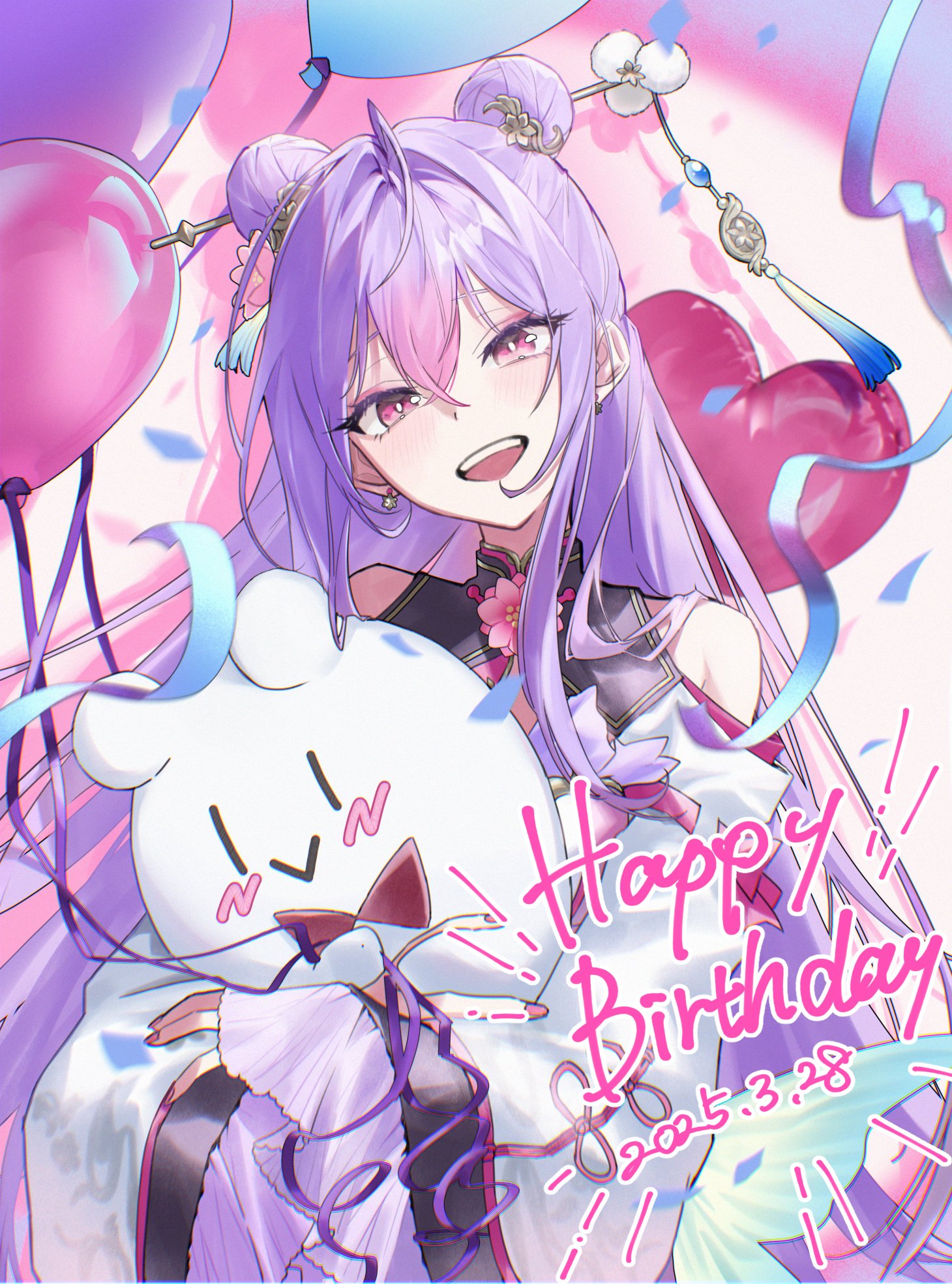 sakauri rk, kozue mone, kozue mone (1st costume), nijisanji, commentary request, highres, 1girl, :d, ahoge, balloon, blush, chinese clothes, colored bangs, confetti, double bun, dress, earrings, flower, flower earrings, flower ornament, frills, hair between eyes, hair bun, hair ornament, hair stick, happy birthday, holding, holding stuffed toy, jewelry, kanzashi, long hair, long sleeves, looking at viewer, mandarin collar, multicolored dress, open mouth, outline, pink eyes, purple hair, purple outline, smile, solo, stuffed animal, stuffed toy, teeth, upper body, upper teeth only, very long hair, virtual youtuber, white background, white dress