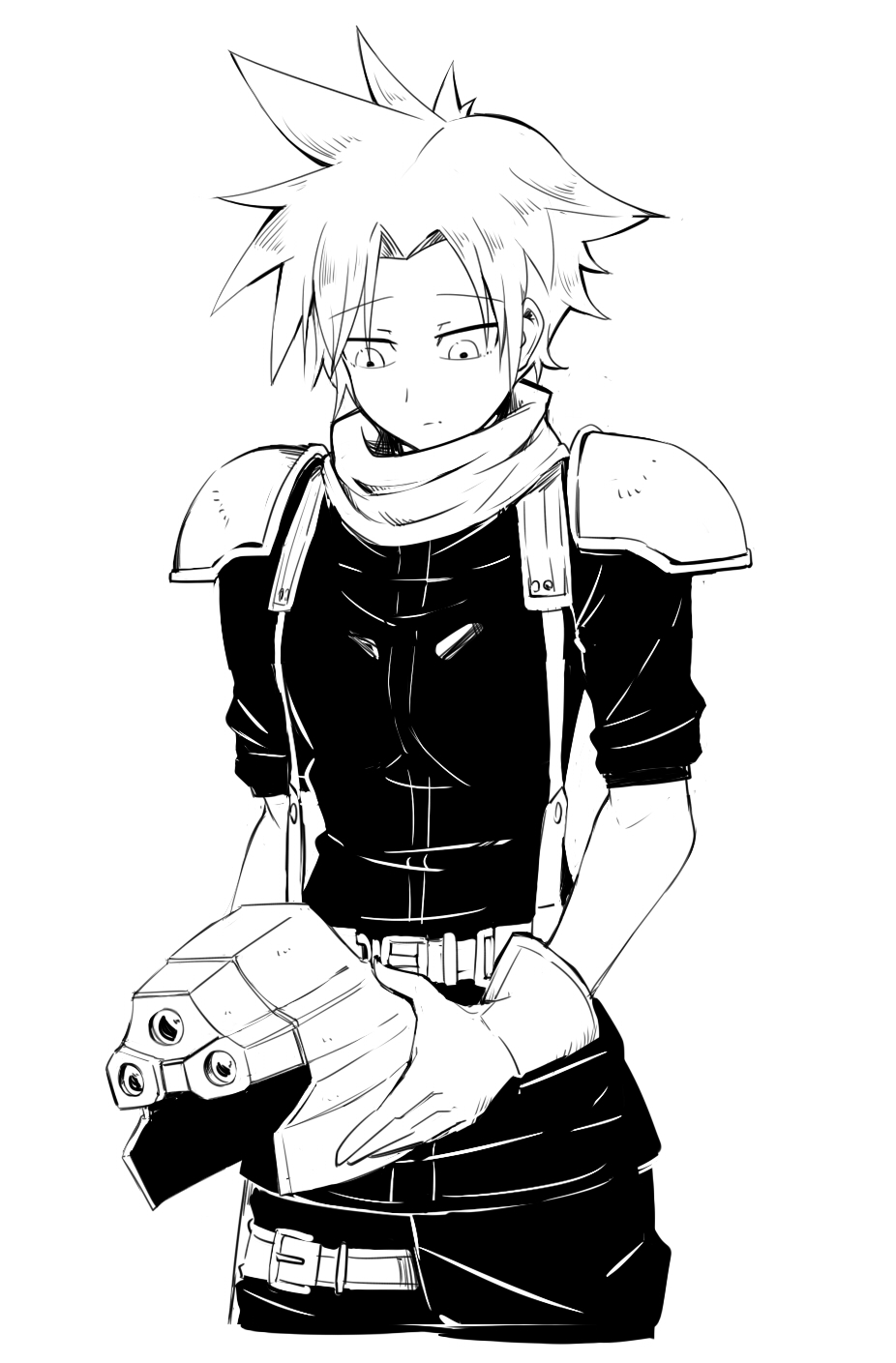 shimure (460), cloud strife, final fantasy, final fantasy vii, commentary request, highres, 1girl, closed mouth, genderswap, genderswap (mtf), gloves, greyscale, helmet, monochrome, shinra infantry uniform, short hair, simple background, solo, spiked hair, unworn headwear, unworn helmet, white background