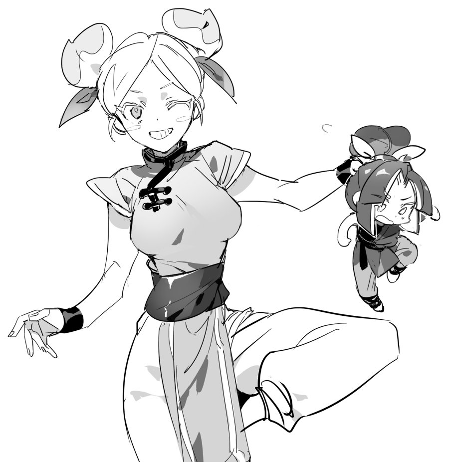 nana (ebitokanimiso), peach cookie, plum cookie, cookie run, cookie run: ovenbreak, bad id, bad twitter id, inactive account, painttool sai (medium), 1boy, 1girl, blush stickers, breasts, brother and sister, chibi, chinese clothes, double bun, food, food-themed hair, fruit, greyscale, grin, hair bun, holding, holding chibi, holding mini person, humanization, medium breasts, mini person, miniboy, monochrome, one eye closed, pants, peach, short hair, siblings, simple background, sketch, smile, solo focus, standing, standing on one leg, white background