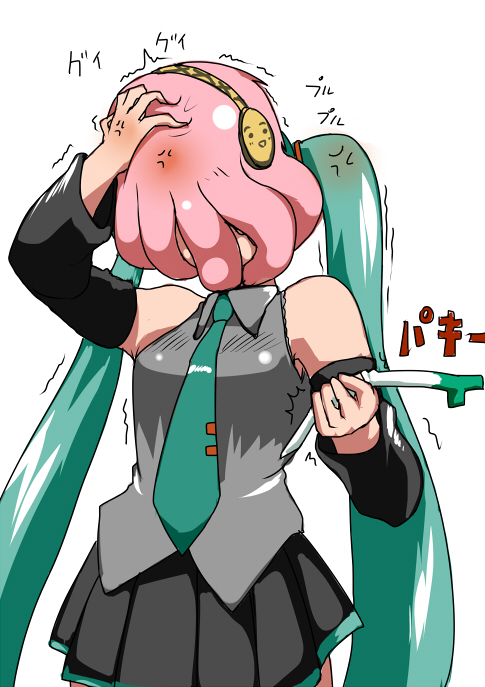 saruanu, hatsune miku, megurine luka, takoluka, vocaloid, bad id, bad pixiv id, angry, aqua hair, aqua necktie, detached sleeves, face hug, long hair, necktie, simple background, solo, spring onion, twintails