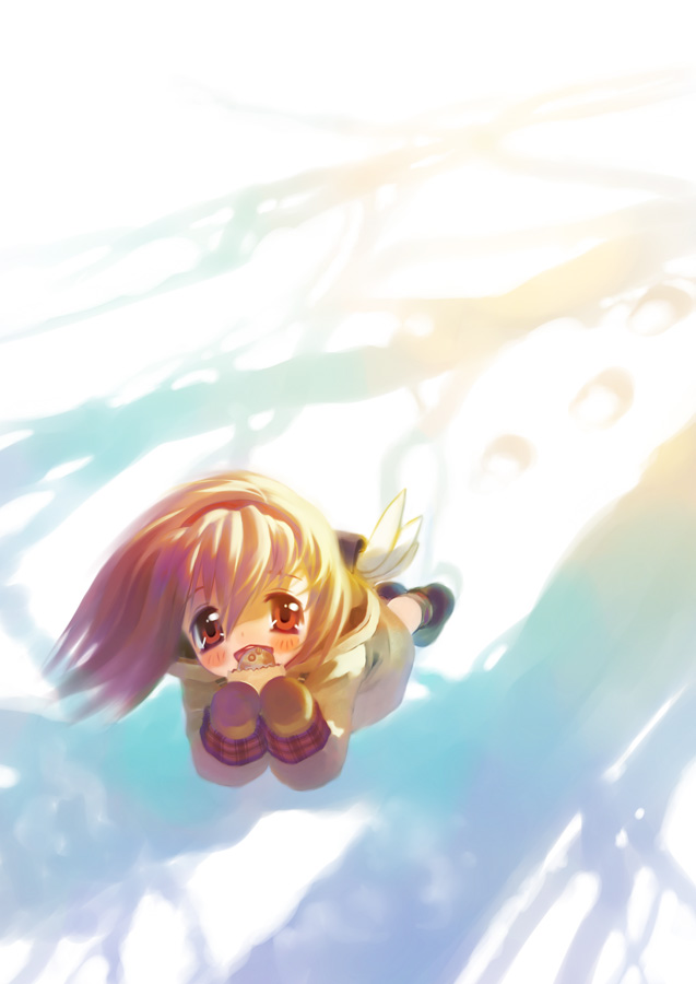 okayu (crosspoint), tsukimiya ayu, kanon, bad id, bad pixiv id, backpack, bag, brown hair, food, from above, hairband, mittens, randoseru, red eyes, shadow, short hair, snow, solo, taiyaki, wagashi, wings