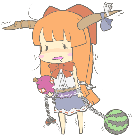 chikuwabu, ibuki suika, touhou, md5 mismatch, 1girl, barefoot, blush stickers, chibi, female focus, food, fruit, full body, horns, orange hair, saliva, solo, standing, transparent background, watermelon