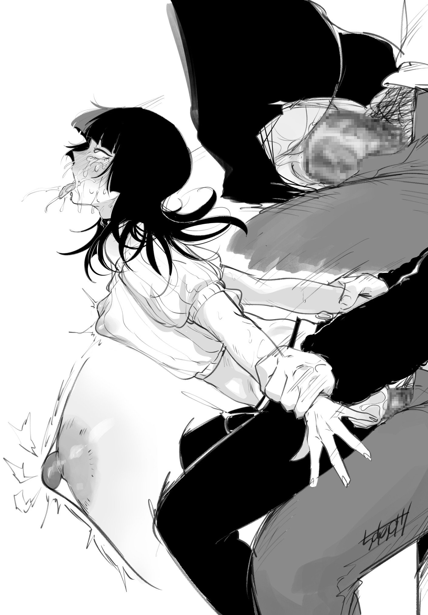 chisunosuke, hoshi kirara, jujutsu kaisen, highres, 2boys, ahegao, anal, anal fluid, androgynous, anus, anus peek, ass, barefoot, blush, bulge, clothed sex, completely nude, crossdressing, crossdressing (mtf), crying, embarrassed, erection, erection under clothes, face piercing, happy sex, instant loss, lip piercing, moaning, monochrome, mouth piercing, multiple boys, multiple views, navel, nude, off shoulder, on bed, open mouth, orgasm, pants, piercing, precum, puffy nipples, saliva, sex, simple background, standing, standing sex, sweat, tears, testicles, torn clothes, torn pants, trap, white background, wide hips, yaoi