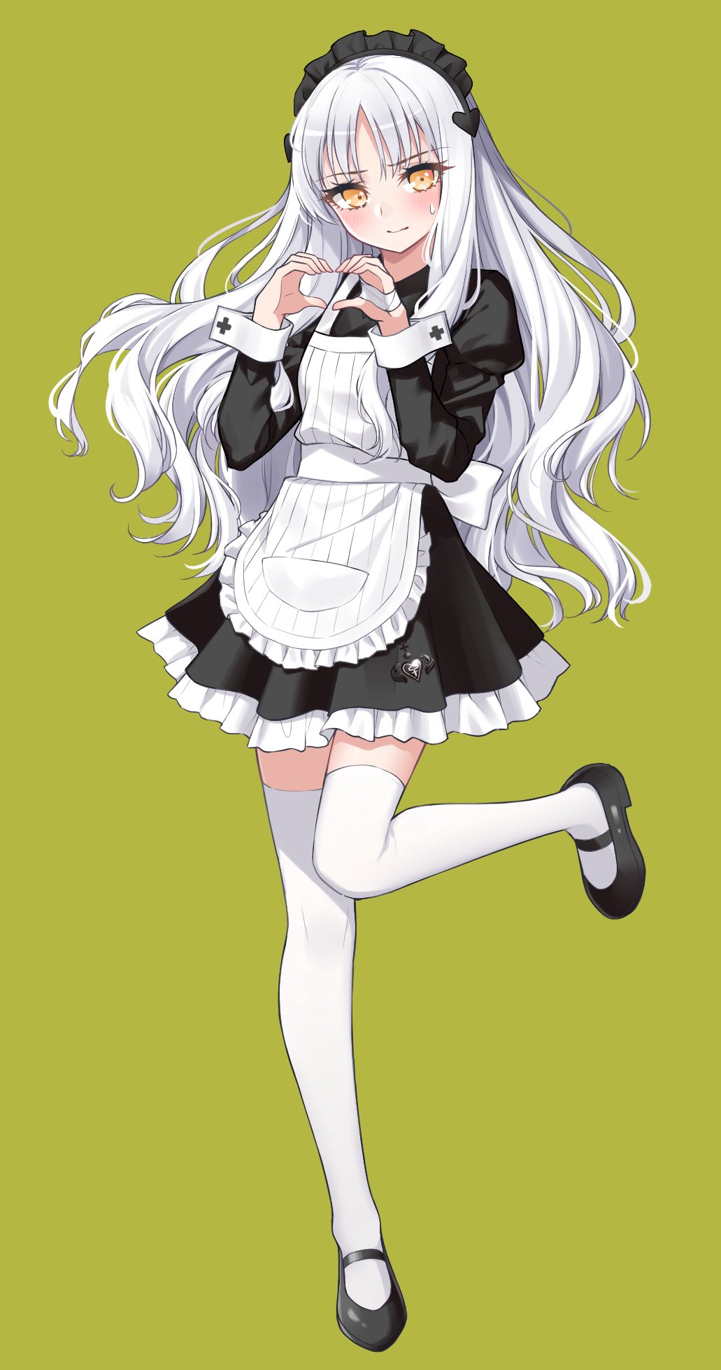 hoshino reiji, caren hortensia, fate/hollow ataraxia, fate (series), commentary request, highres, 1girl, apron, black dress, black shoes, blush, breasts, dress, heart, heart hands, long hair, looking at viewer, medium breasts, shoes, thighhighs, white apron, white hair, white thighhighs, yellow eyes