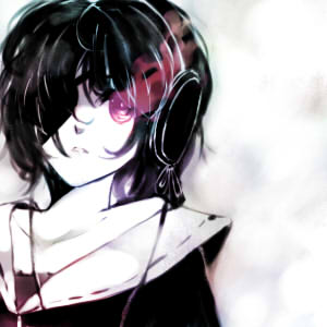 witch (artist), witch (dk), black matagi, black rock shooter, lowres, 10s, 1girl, black hair, eyepatch, female focus, glowing, glowing eyes, headphones, portrait, purple eyes, short hair, solo