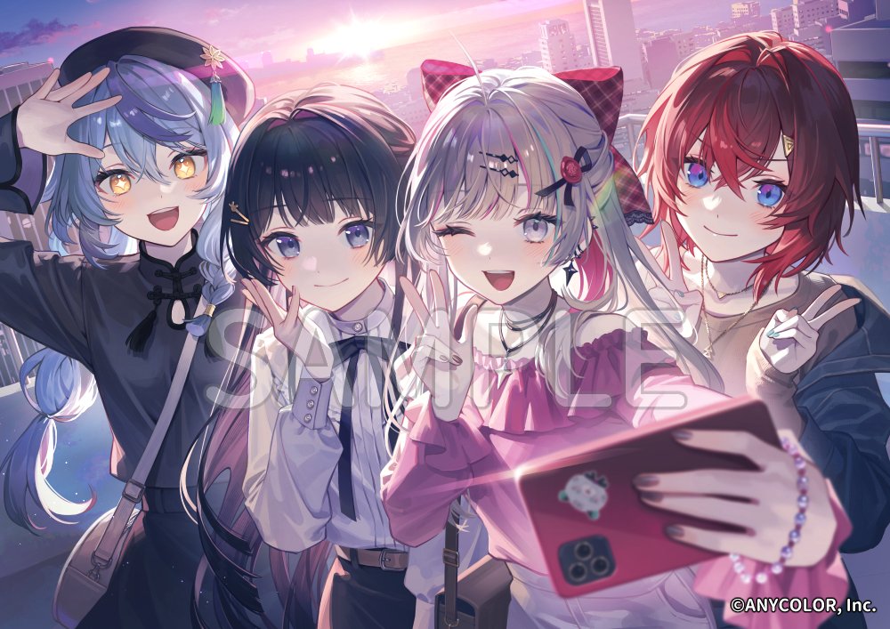 esukee, ange katrina, ishigami nozomi, tamanoi nana, tsukino mito, nijisanji, commentary request, official art, 4girls, :d, aqua hair, aqua nails, arm up, bag, beret, black hair, black hat, black ribbon, black skirt, blue eyes, blue jacket, blurry, blush, bow, braid, braided sidelock, bright pupils, brown bag, brown shirt, cellphone, city, closed mouth, copyright notice, crossbody bag, crossed bangs, dawn, depth of field, double v, dutch angle, gold necklace, grey eyes, grey hair, grey nails, grey shirt, group picture, hair between eyes, hair bow, hair intakes, hair ornament, hairpin, hand up, handbag, hands up, hat, hat tassel, holding, holding phone, horizon, jacket, jewelry, long hair, long sleeves, looking at viewer, mandarin collar, medium hair, multicolored hair, multiple girls, multiple hairpins, nail polish, neck ribbon, necklace, off-shoulder shirt, off shoulder, official alternate costume, one eye closed, open mouth, outdoors, pankou, phone, plaid bow, purple eyes, purple hair, purple shirt, purple sky, red bow, red hair, ribbon, sample watermark, shirt, shirt tucked in, skirt, sky, sleeves past wrists, smartphone, smile, star-shaped pupils, star (symbol), star pendant, streaked hair, sun, symbol-shaped pupils, taking picture, teeth, triangle hair ornament, upper teeth only, v, very long hair, virtual youtuber, w, watermark, wax seal hair ornament, white bag, white pupils, white shirt, yellow eyes
