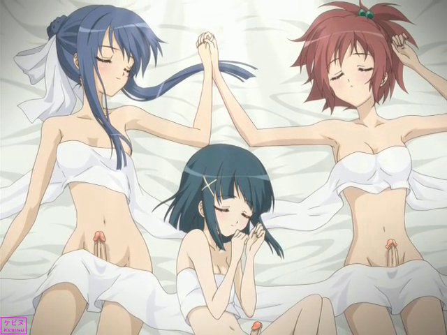 aoi nagisa, strawberry panic!, third-party edit, 00s, 3futa, bed, breasts, erection, futanari, holding hands, lying, medium breasts, medium penis, multiple futa, multiple girls, on back, on bed, penis, sleeping