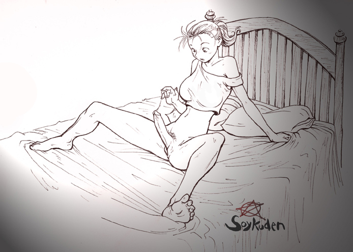 soykuden, 1futa, artist name, barefoot, bed, bottomless, breasts, erection, full body, futanari, indoors, large breasts, monochrome, on bed, penis, pillow, precum, pussy, skinny, solo, spread legs, sticky, surprised, uncensored