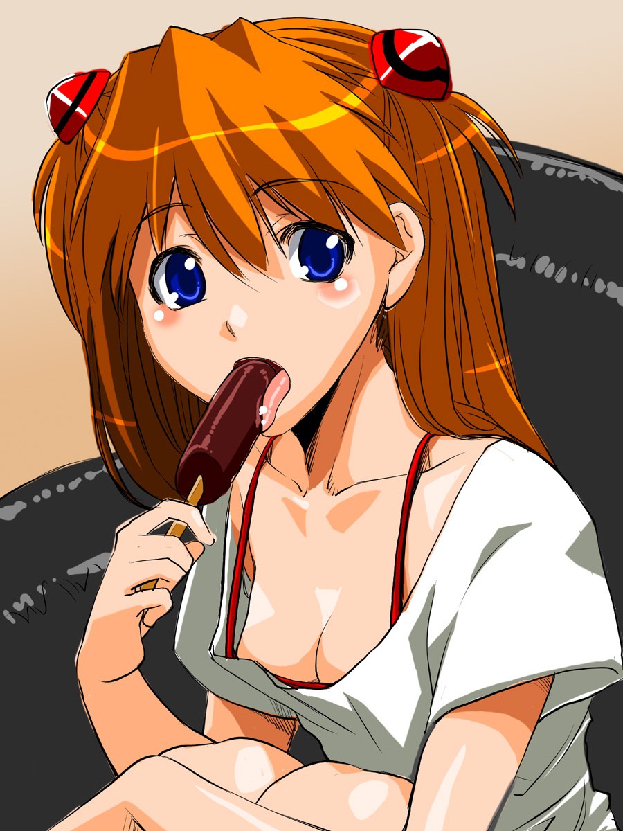 shinama, souryuu asuka langley, neon genesis evangelion, rebuild of evangelion, highres, 00s, 1girl, blue eyes, breasts, downblouse, female focus, orange hair, sexually suggestive, sitting, sketch, solo, tongue