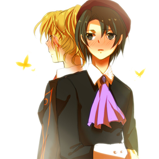 kantori (pixiv), kanon (umineko), ushiromiya jessica, umineko no naku koro ni, bad id, bad pixiv id, 00s, beret, black hair, blonde hair, blush, bug, butterfly, hat