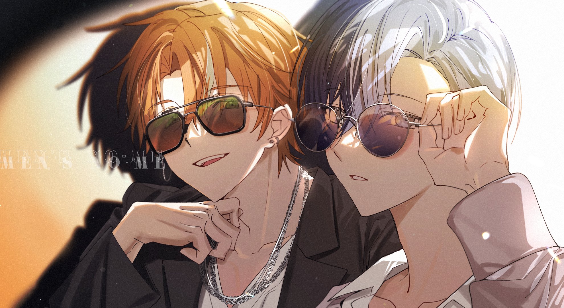 samgak, aoyagi touya, shinonome akito, project sekai, bad id, bad twitter id, highres, 2boys, adjusting eyewear, alternate costume, alternate hairstyle, bespectacled, blonde hair, blue hair, earrings, fingernails, glasses, grey eyes, hand up, jewelry, lapels, long sleeves, looking at viewer, male focus, mole, mole under eye, multicolored hair, multiple boys, multiple necklaces, necklace, notched lapels, orange hair, parted hair, parted lips, short hair, split-color hair, streaked hair, sunglasses, teeth, two-tone hair, upper body, upper teeth only