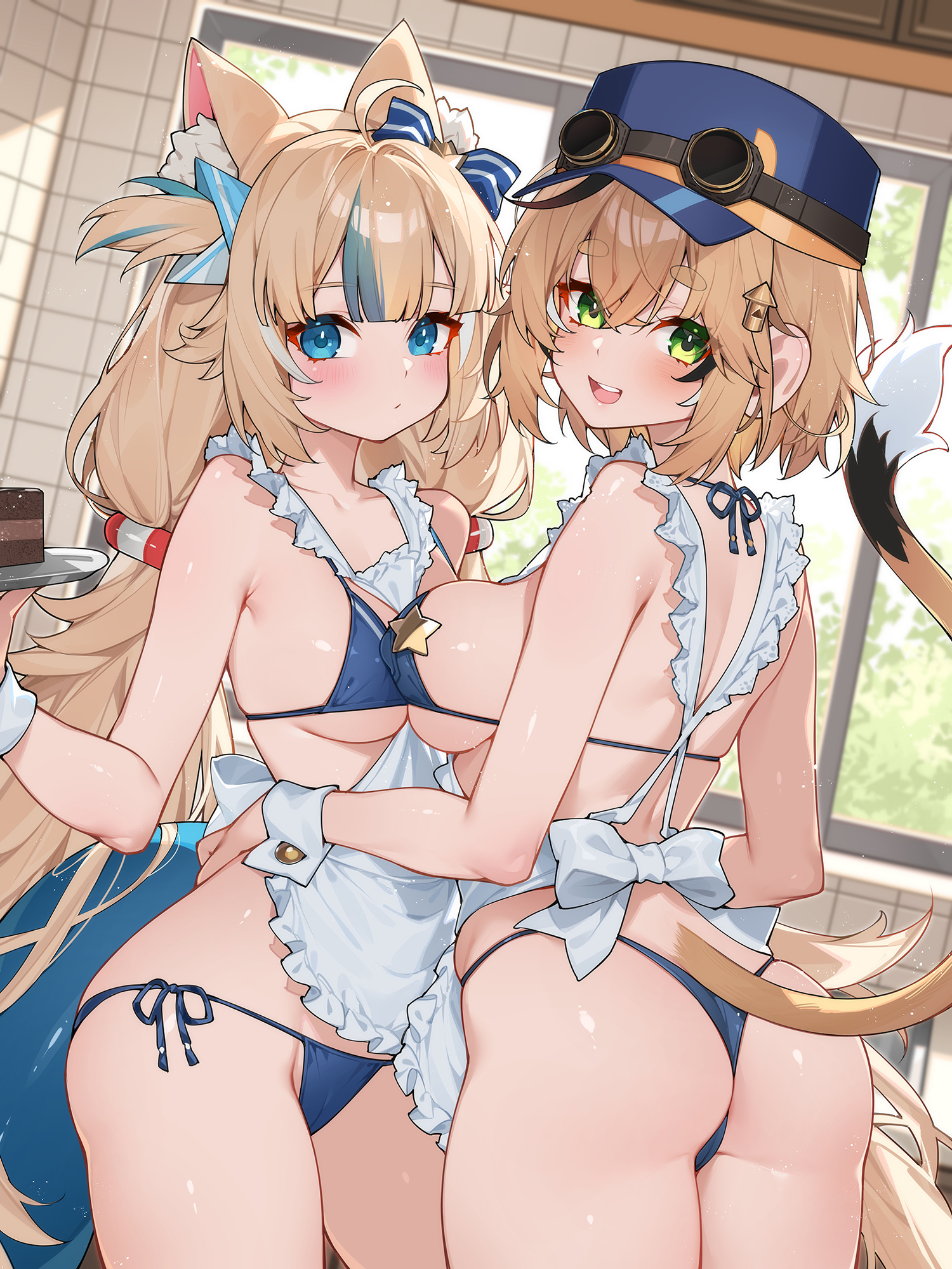 waterring, dooby, sameko saba, indie virtual youtuber, commentary, english commentary, highres, mixed-language commentary, revision, 2girls, ahoge, animal ear fluff, animal ears, apron, ass, bikini, black hair, blonde hair, blue background, blue bikini, blue eyes, blue hat, breast press, breasts, cat ears, fins, fish tail, green eyes, hat, indoors, long hair, looking at viewer, low twintails, maid apron, medium breasts, multicolored hair, multiple girls, short hair, swimsuit, symmetrical docking, tail, thick eyebrows, twintails, two-tone hair, virtual youtuber, white apron