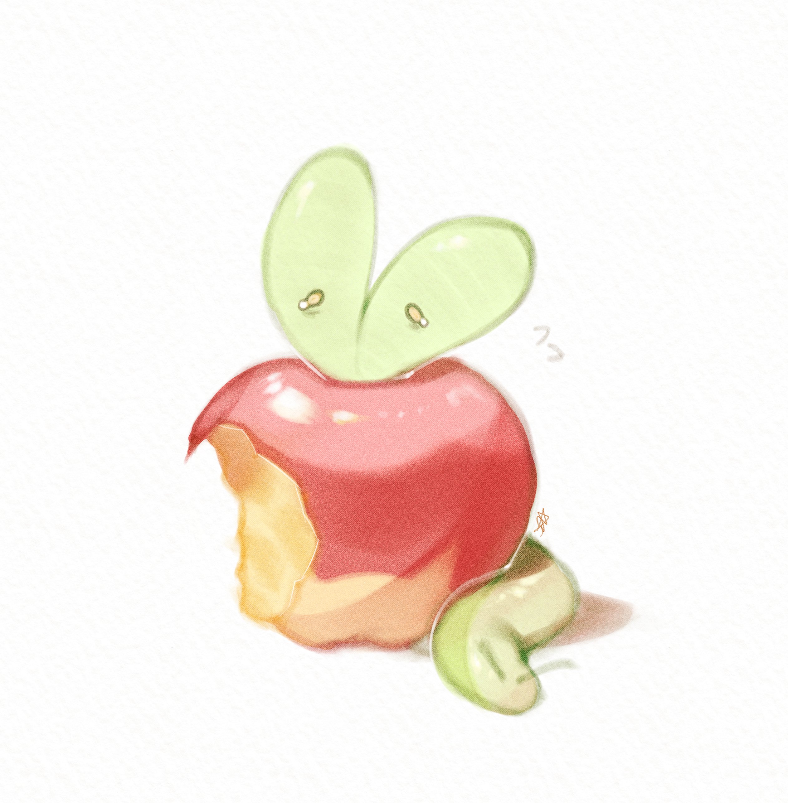 onimiere, applin, nintendo, pokemon, pokemon swsh, absurdres, commentary, highres, apple, bite mark, crying, food, fruit, gen 8 pokemon, no humans, pokemon (creature), pokemon focus, tail, tears, white background, worm, wyrm, yellow eyes