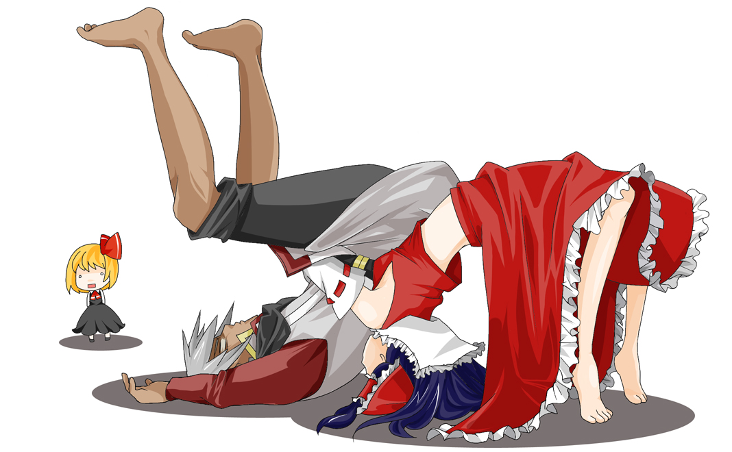 mere, mere (enya), buront, elvaan, hakurei reimu, rumia, embodiment of scarlet devil, final fantasy, final fantasy xi, the iron of yin and yang, touhou, silver hair, 00s, blonde hair, bow, brown hair, crossover, elf, german suplex, o o, pointy ears, short hair, suplex