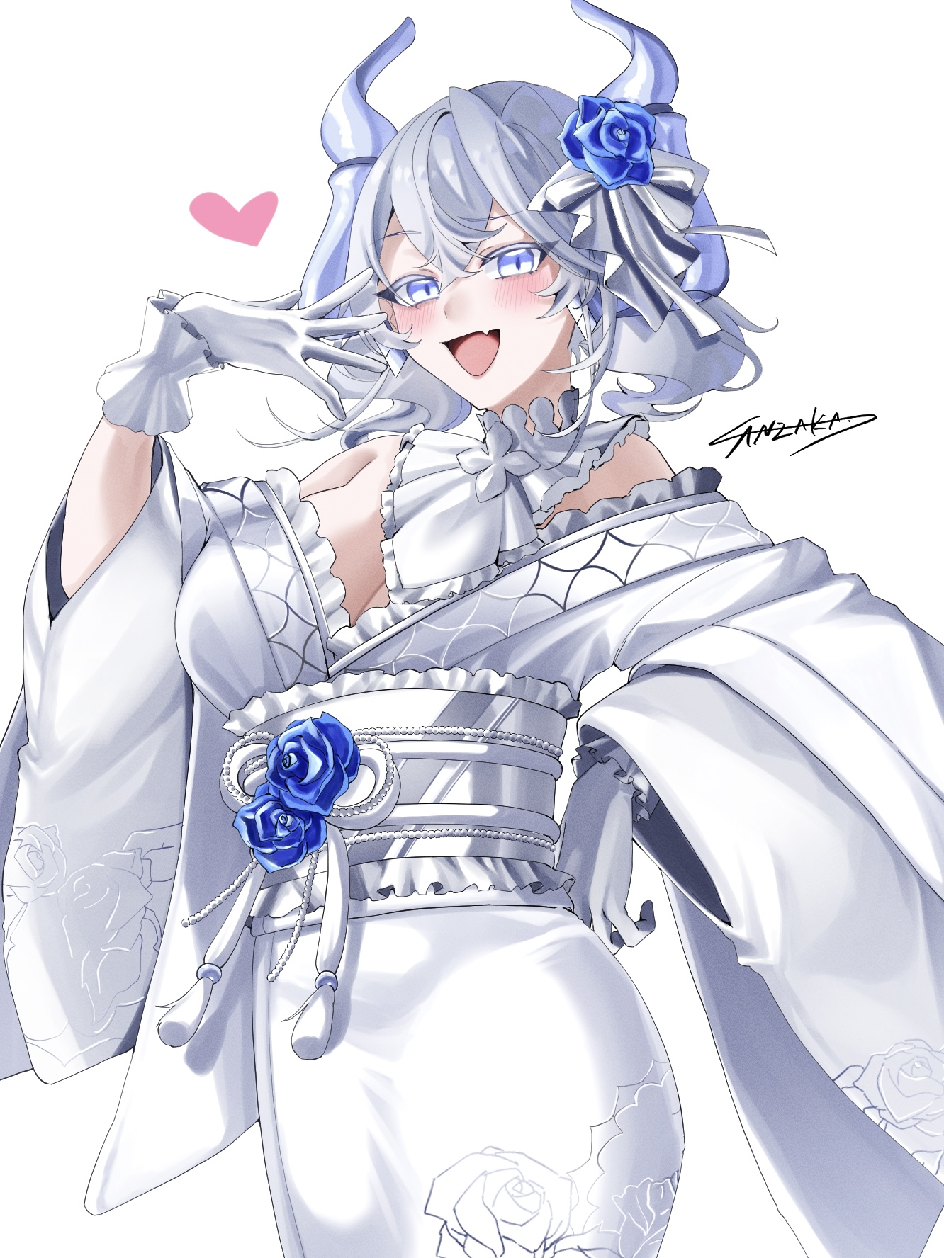 lovely labrynth of the silver castle, yu-gi-oh!, commentary request, highres, 1girl, alternate costume, blue eyes, blush, breasts, cleavage, cowboy shot, demon girl, demon horns, detached collar, duel monster, fang, flower, frilled kimono, frilled wrist cuffs, frills, gloves, grey hair, hair flower, hair ornament, horns, japanese clothes, kimono, large breasts, looking at viewer, medium hair, obi, off shoulder, open mouth, sanzakasun, sash, short twintails, skin fang, smile, solo, twintails, white gloves, wrist cuffs