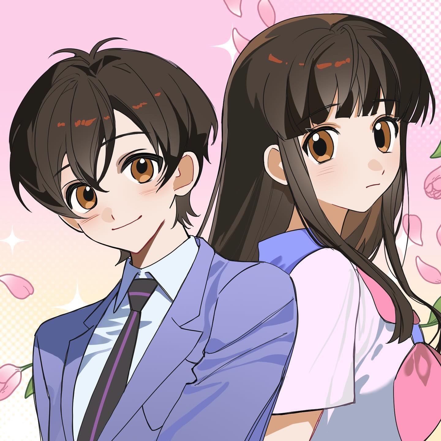 fujioka haruhi, ouran high school host club, clip studio paint (medium), commentary, english commentary, highres, 2girls, antenna hair, black hair, black necktie, blue jacket, brown eyes, dual persona, emoji recorder, halftone, halftone background, jacket, long hair, multiple girls, necktie, official alternate hair length, official alternate hairstyle, ouran high school uniform, petals, school uniform, serafuku, short hair, smile
