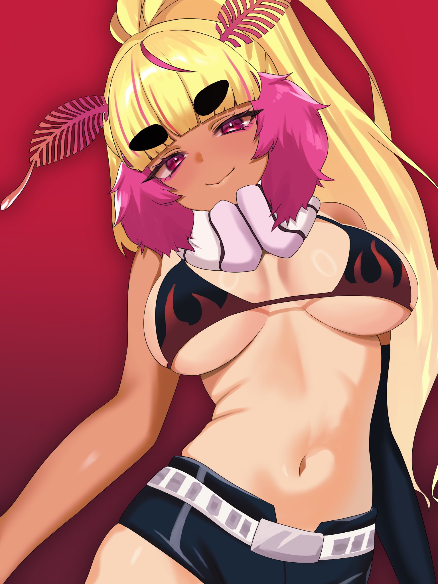 soen bisma, ichigo lemonade, yoko littner, indie virtual youtuber, tengen toppa gurren lagann, commentary, english commentary, highres, second-party source, 1girl, antennae, arthropod girl, belt, bikini, bikini top only, black shorts, blonde hair, blunt bangs, breasts, closed mouth, cosplay, dark-skinned female, dark skin, eyelashes, gradient background, gyaru, insect girl, long hair, mismatched eyebrows, moth girl, multicolored hair, navel, pink eyes, pink hair, ponytail, red background, short shorts, shorts, simple background, smile, solo, stomach, swimsuit, tan, tanline, thick eyebrows, two-tone hair, virtual youtuber, white belt, yoko littner (cosplay)