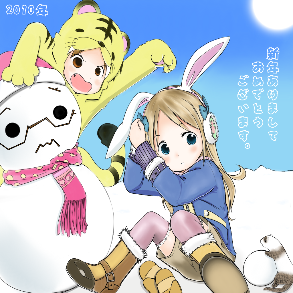 ana coppola, matsuoka miu, ichigo mashimaro, 2girls, animal costume, animal ears, animal print, blonde hair, blue eyes, blush, boots, brown eyes, brown hair, child, earmuffs, ferret, gloves, long hair, multiple girls, rabbit ears, ribbon, scarf, snowball, snowman, thighhighs, tiger costume, tiger print