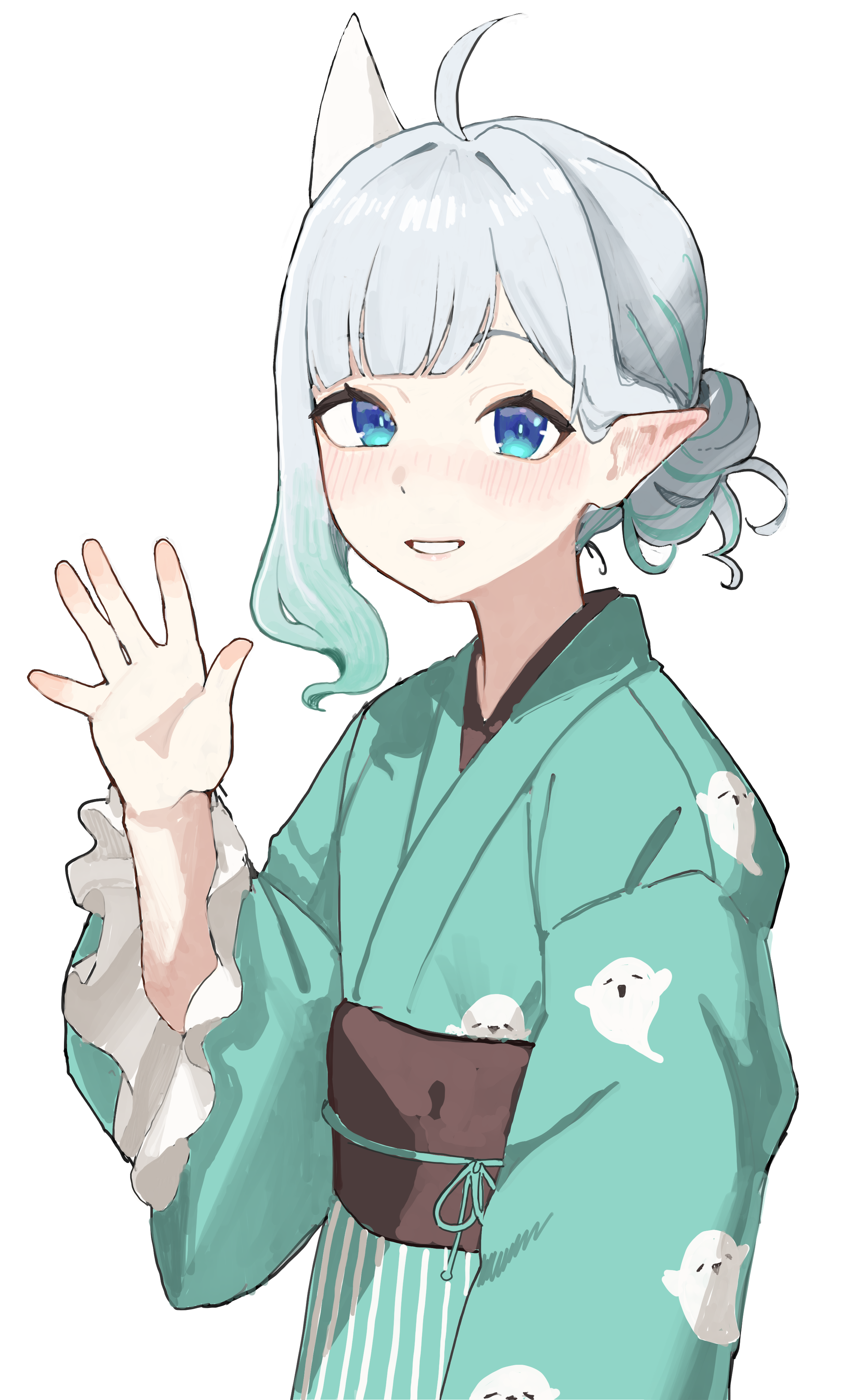 mirumiruchan, mint fantome, densetsu.exe, absurdres, commentary, highres, symbol-only commentary, 1girl, ahoge, alternate costume, alternate hairstyle, black sash, blush, ear blush, green eyes, green hair, green kimono, japanese clothes, kimono, long hair, long sleeves, looking at viewer, multicolored hair, parted lips, pointy ears, sash, standing, virtual youtuber, white background, white hair, wide sleeves