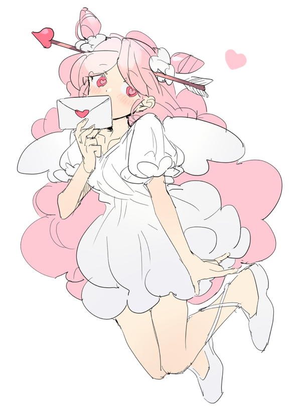 nana (ebitokanimiso), cotton candy cookie, cookie run, cookie run: ovenbreak, bad id, bad twitter id, inactive account, painttool sai (medium), 1girl, alternate costume, arrow (projectile), arrow in body, arrow in head, blush, double bun, dress, envelope, frilled dress, frills, hair bun, hair horns, hair ornament, heart, heart-shaped pupils, holding, holding envelope, humanization, letter, long hair, looking at viewer, love letter, object through head, pink hair, shoes, short sleeves, sketch, solo, symbol-shaped pupils, white dress, white shoes, white wings, wings