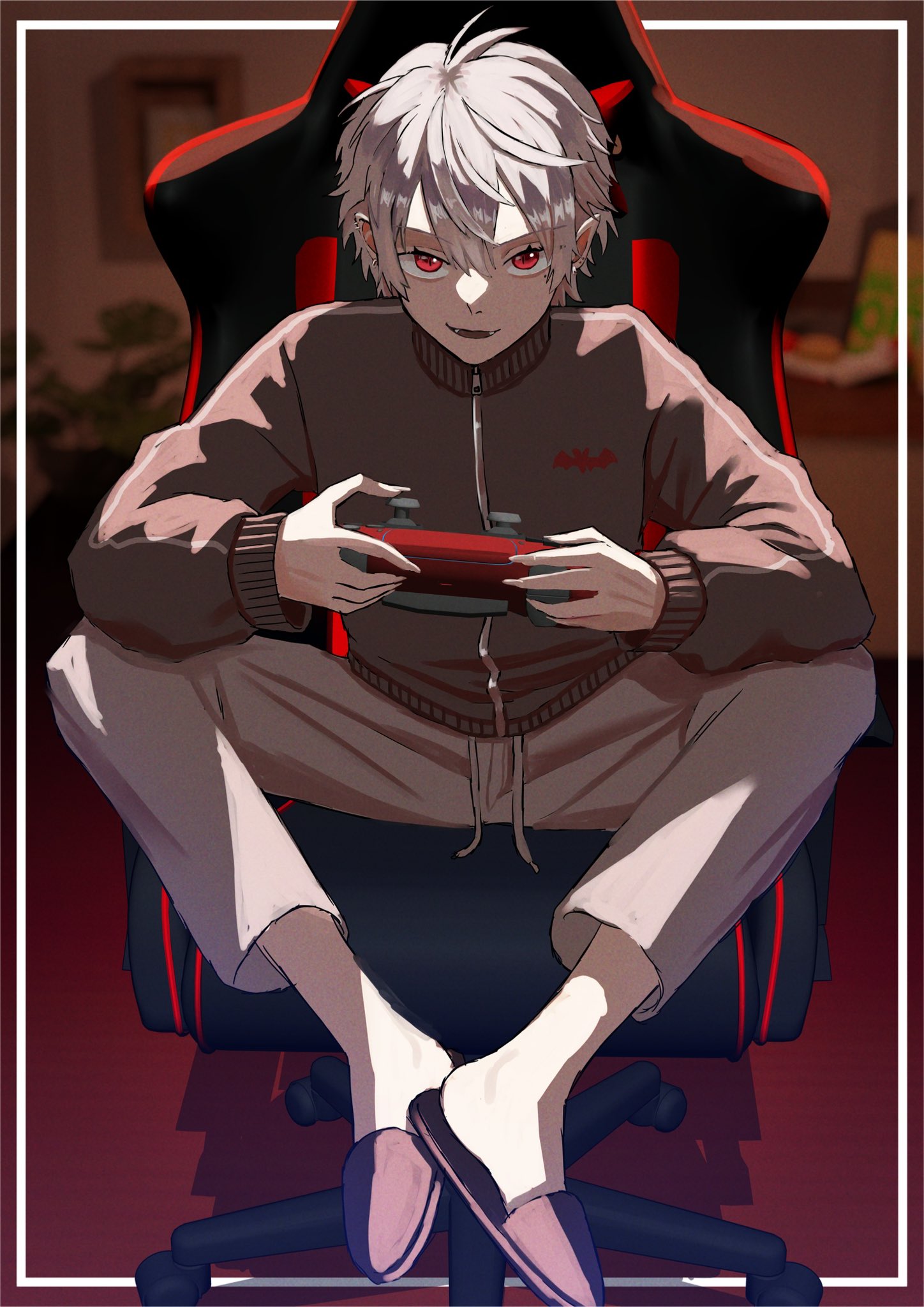 magurosamm, kuzuha (nijisanji), nijisanji, commentary request, highres, 1boy, chair, fangs, full body, gaming chair, jacket, long sleeves, looking at viewer, male focus, pointy ears, red eyes, sitting, slippers, solo, swivel chair, virtual youtuber, white hair