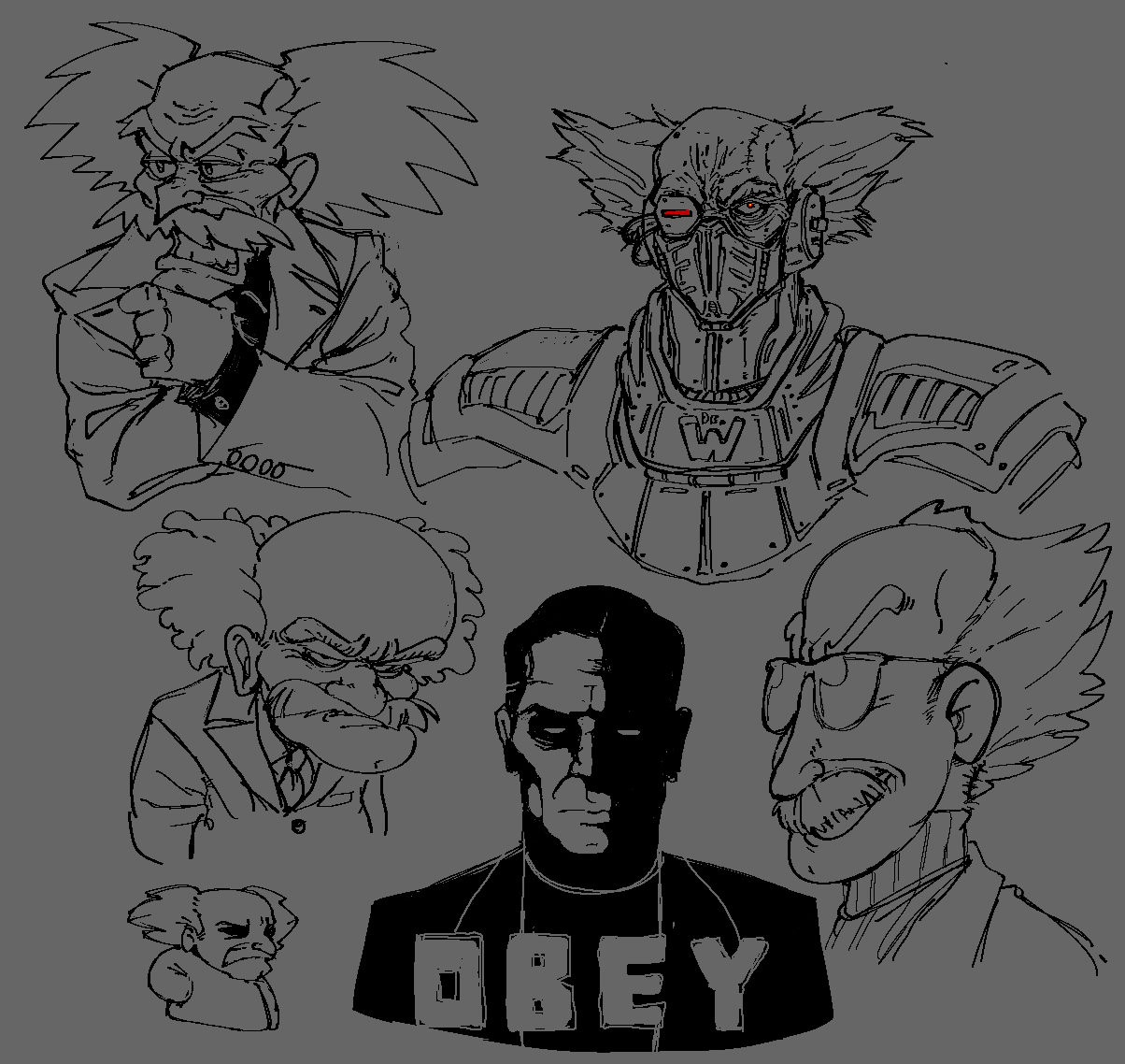submarinechamomile, dr. wily (mega man), 1984 (novel), big brother (1984), mega man (classic), mega man (series), commentary, derivative work, english commentary, 6+boys, bald, english text, facial hair, glasses, grey background, grin, hands in pockets, lab coat, male focus, mask, mouth mask, multiple boys, multiple style parody, mustache, parody, red eyes, short hair, simple background, sketch, smile, spot color, style parody