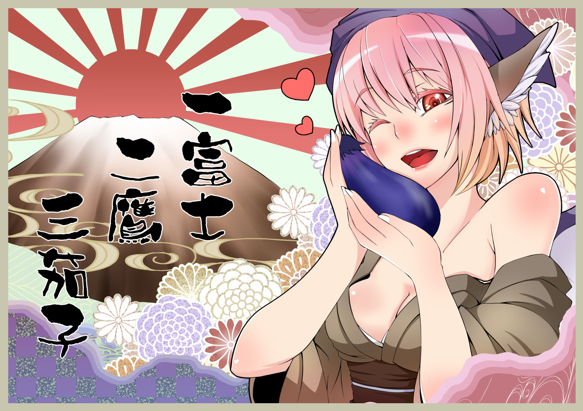 torio k, torizousui, mystia lorelei, okamisty, touhou, bad id, bad pixiv id, 1girl, animal ears, bare shoulders, breasts, cleavage, eggplant, female focus, hatsuyume, heart, japanese clothes, japanese flag, large breasts, mount fuji, mountain, rising sun flag, solo, sunburst