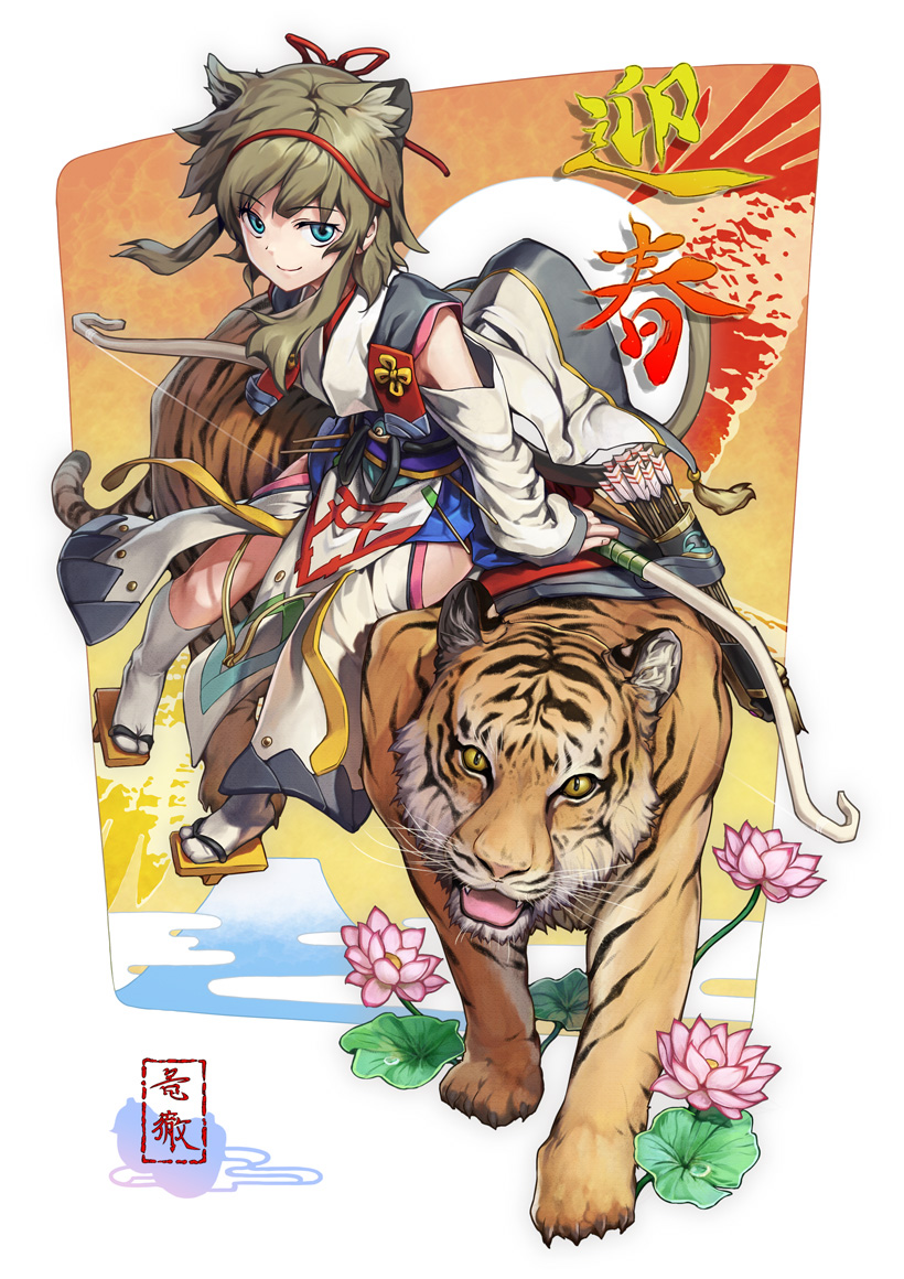 ryuutetsu, original, 10s, 1girl, 2010, aqua eyes, arrow (projectile), bow (weapon), brown hair, egasumi, female focus, flower, geta, hatsuyume, japanese clothes, mount fuji, new year, riding, sidelocks, sidesaddle, smile, solo, tabi, tengu-geta, tiger, weapon