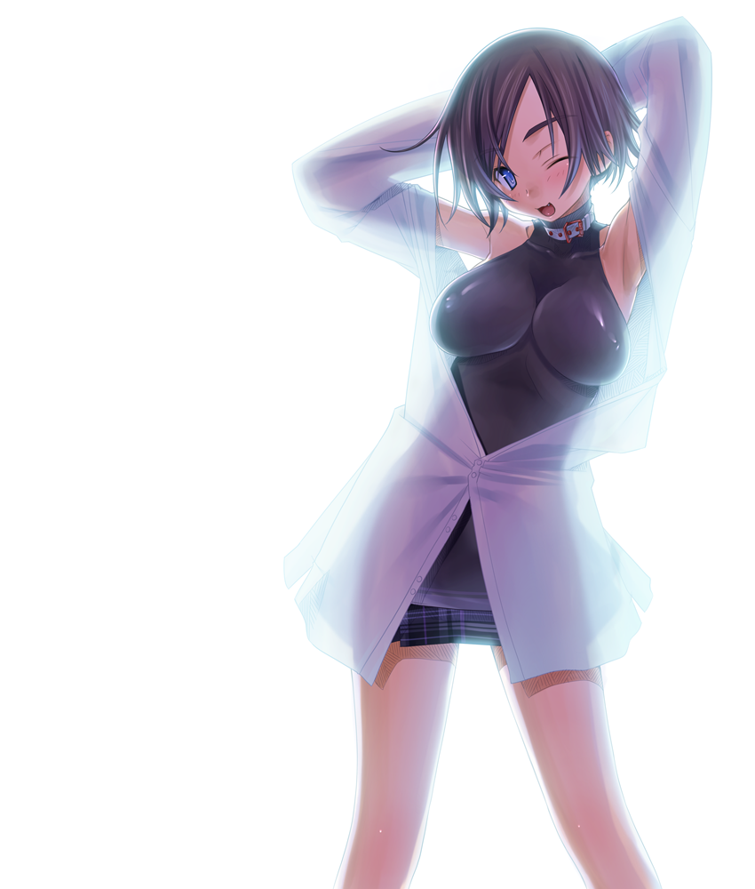 sakuya tsuitachi, original, 1girl, armpits, black bodysuit, bodysuit, breasts, collar, dress, female focus, large breasts, latex, latex dress, one eye closed, see-through clothes, short hair, skin tight, smile, solo, wink