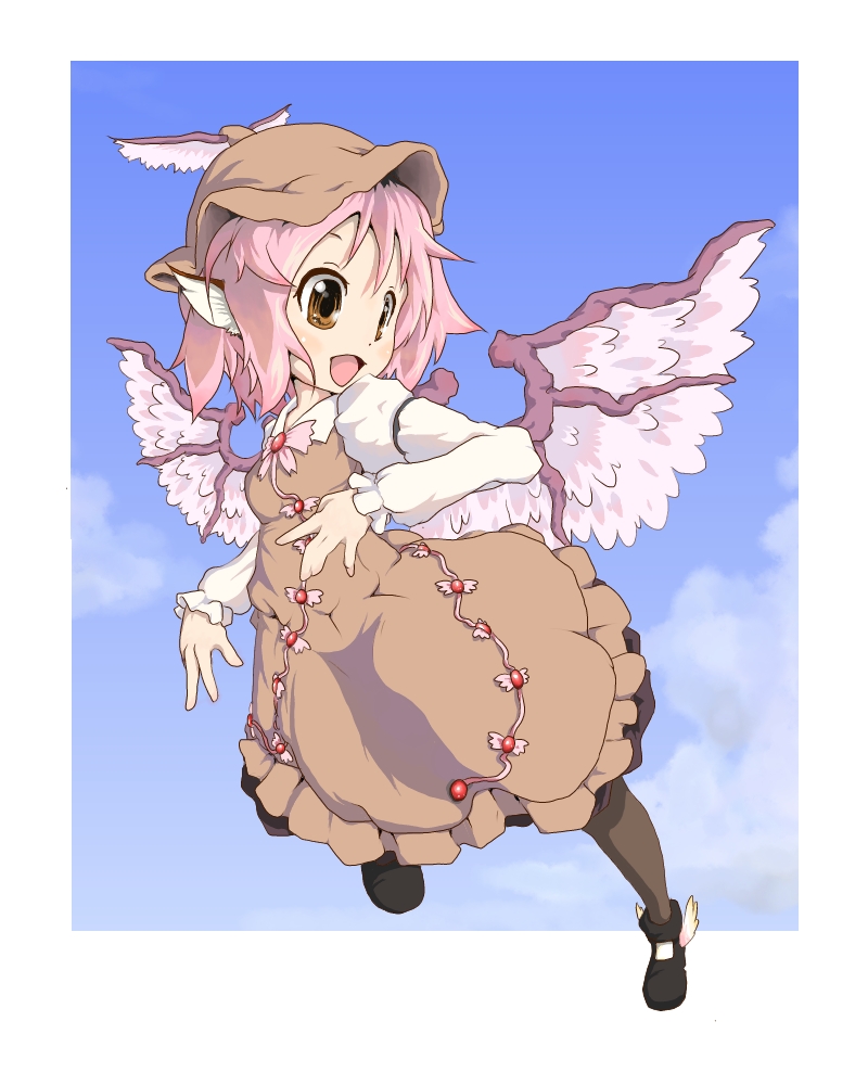 sorairo usagi, mystia lorelei, touhou, winged footwear, 1girl, animal ears, brown eyes, cloud, day, dress, female focus, flying, full body, happy, hat, long sleeves, looking down, open mouth, outdoors, pantyhose, pink hair, ribbon, shoes, short hair, sky, solo, wings