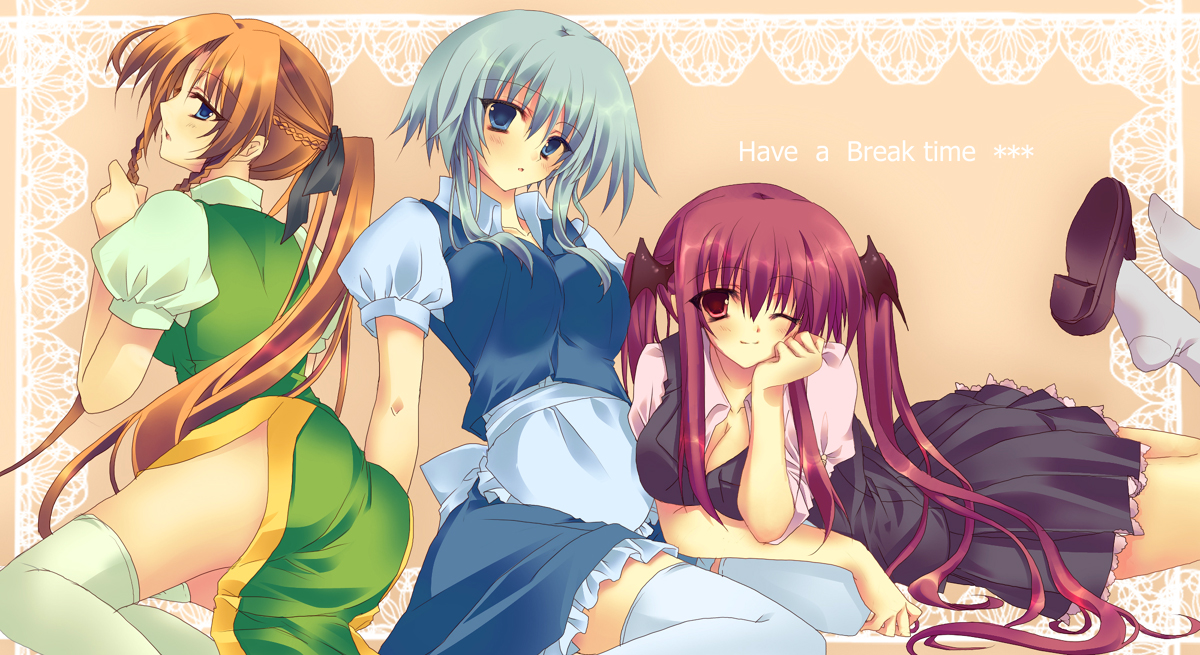 matsumiya kiseri, hong meiling, izayoi sakuya, koakuma, embodiment of scarlet devil, touhou, silver hair, bad id, bad pixiv id, 3girls, blue eyes, braid, breasts, chinese clothes, female focus, head wings, long hair, maid, multiple girls, ponytail, red eyes, red hair, shoe dangle, shoes, short hair, single shoe, socks, thighhighs, twin braids, twintails, wings