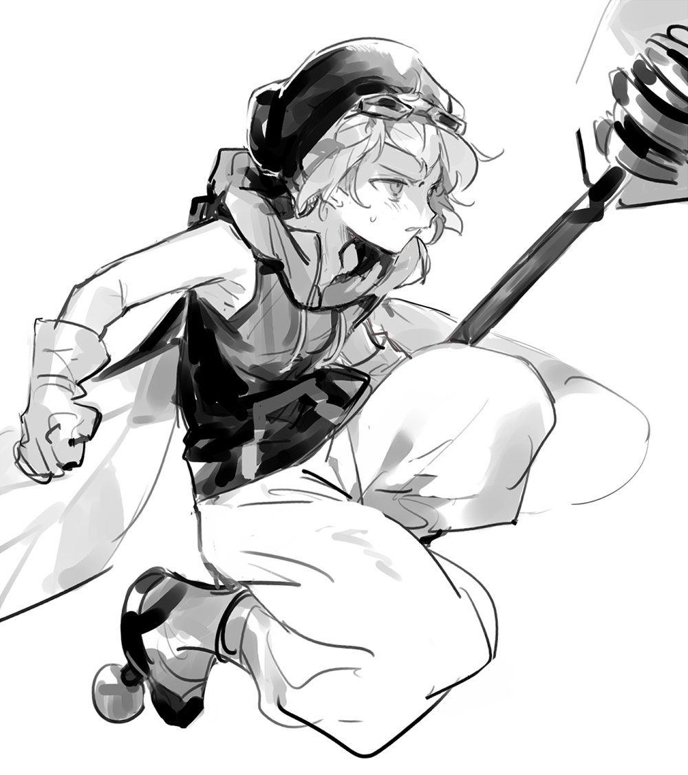 nana (ebitokanimiso), amber sugar cookie, cookie run, cookie run: ovenbreak, bad id, bad twitter id, commentary, inactive account, painttool sai (medium), symbol-only commentary, 1boy, boots, gloves, goggles, goggles on head, greyscale, hat, holding, honey dipper, hood, hood down, hoodie, humanization, insect wings, male focus, monochrome, pants, short hair, simple background, sketch, sleeveless, sleeveless hoodie, solo, white background, wings