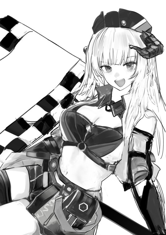 runamonet, bagpipe (arknights), bagpipe (queen no. 1) (arknights), arknights, commentary, english commentary, breasts, cleavage, crop top, dragon girl, dragon horns, elbow gloves, flag, flag print, gloves, hat, holding, holding flag, horns, long hair, looking at viewer, monochrome, open mouth, race queen, simple background, white background