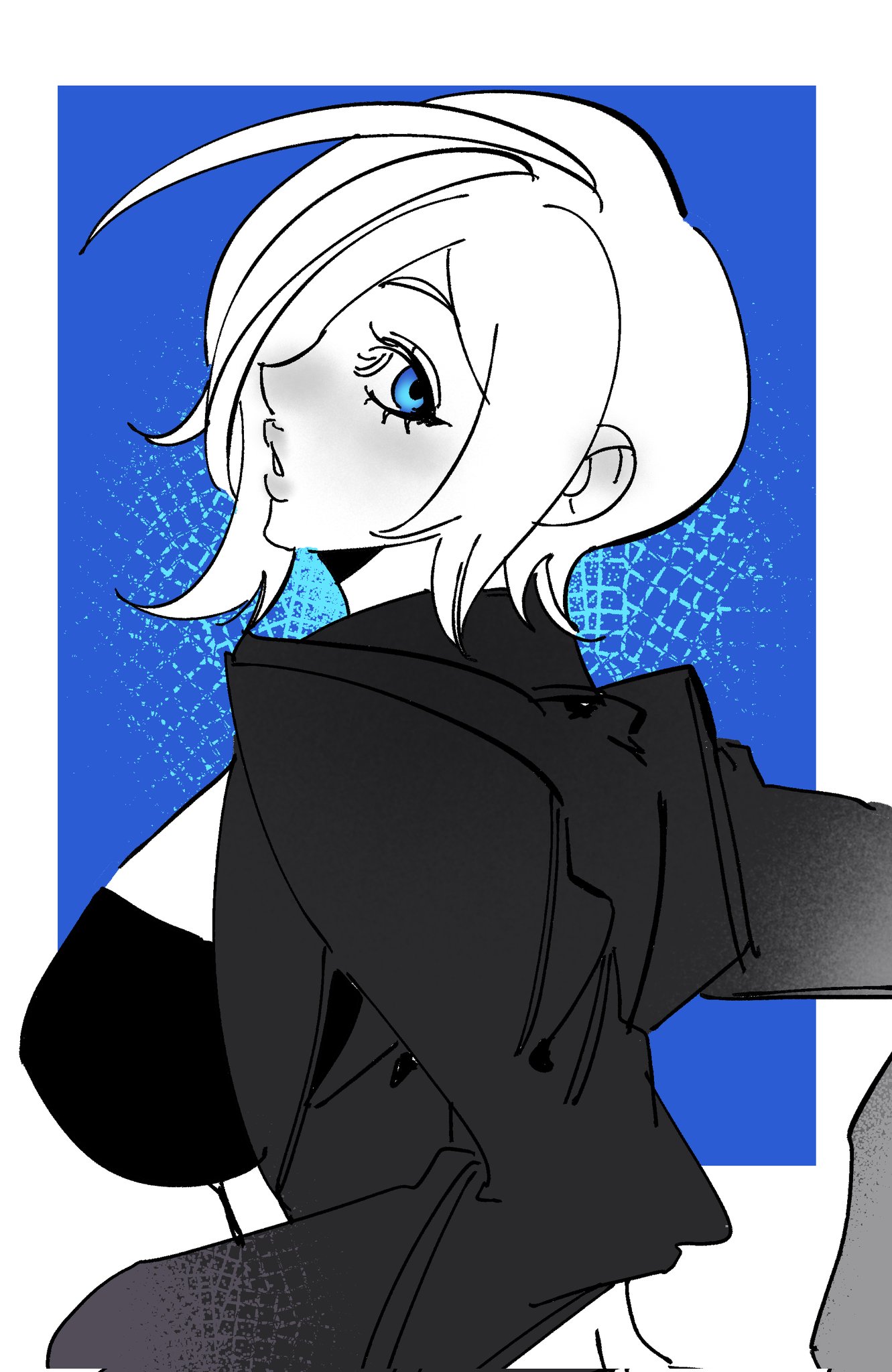 angel (kof), the king of fighters, 1girl, blue eyes, breasts, curvy, female focus, from behind, huge breasts, jacket, large breasts, leather, looking at viewer, open clothes, short hair, tayuki1015, thick lips, white hair