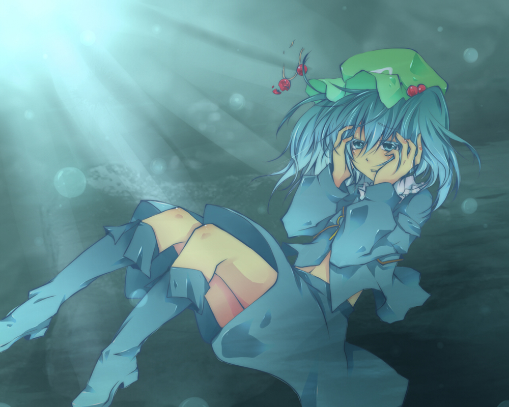 azumikai, kawashiro nitori, touhou, bad id, bad pixiv id, 1girl, female focus, hair bobbles, hair half undone, hair ornament, hat, short hair, solo, two side up, underwater, water