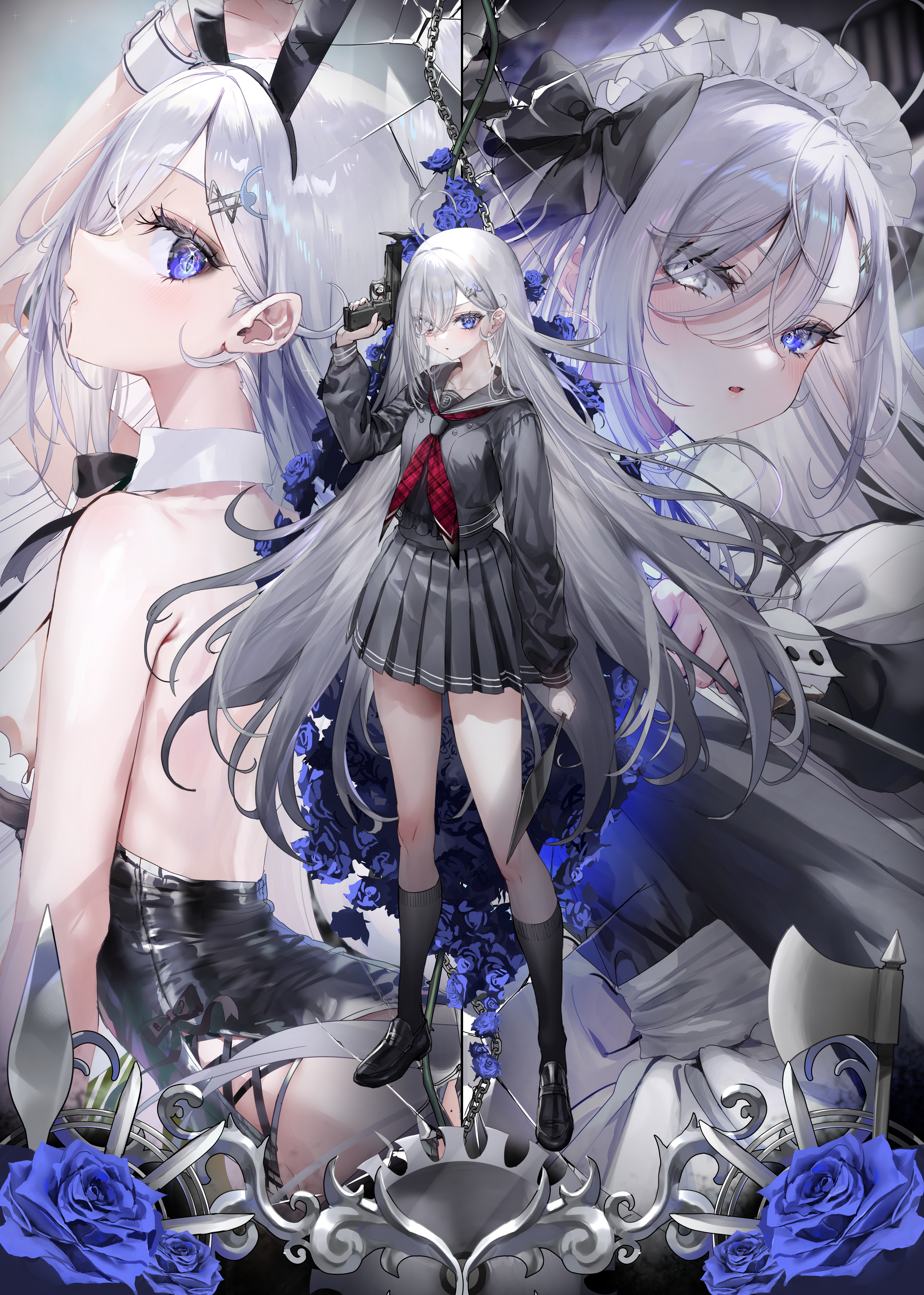 nekometaru, yuuki (shibou yuugi), shibou yuugi de meshi wo kuu., absurdres, commentary request, highres, 1girl, animal ears, arm up, axe, backless leotard, black dress, black leotard, black sailor collar, black serafuku, black shirt, black shoes, black skirt, blue eyes, blue flower, blue rose, blush, border, bow, breasts, broken glass, chain, collarbone, cross-laced slit, detached collar, diamond-shaped pupils, diamond (shape), dress, fake animal ears, flower, frilled dress, frilled headwear, frills, from side, glass, grey eyes, gun, hair between eyes, hair bow, hair ornament, hair over one eye, handgun, heterochromia, holding, holding gun, holding weapon, kneehighs, knife, leotard, long hair, long sleeves, looking at viewer, maid, maid headdress, medium breasts, miniskirt, multiple views, neckerchief, parted lips, plaid clothes, plaid neckerchief, playboy bunny, pleated skirt, rabbit ears, red neckerchief, rose, sailor collar, school uniform, serafuku, shirt, shoes, sidelocks, skirt, sleeve cuffs, sleeves past wrists, socks, standing, symbol-shaped pupils, thighs, thorns, very long hair, weapon, white hair, white headdress, white wrist cuffs, wrist cuffs, x hair ornament