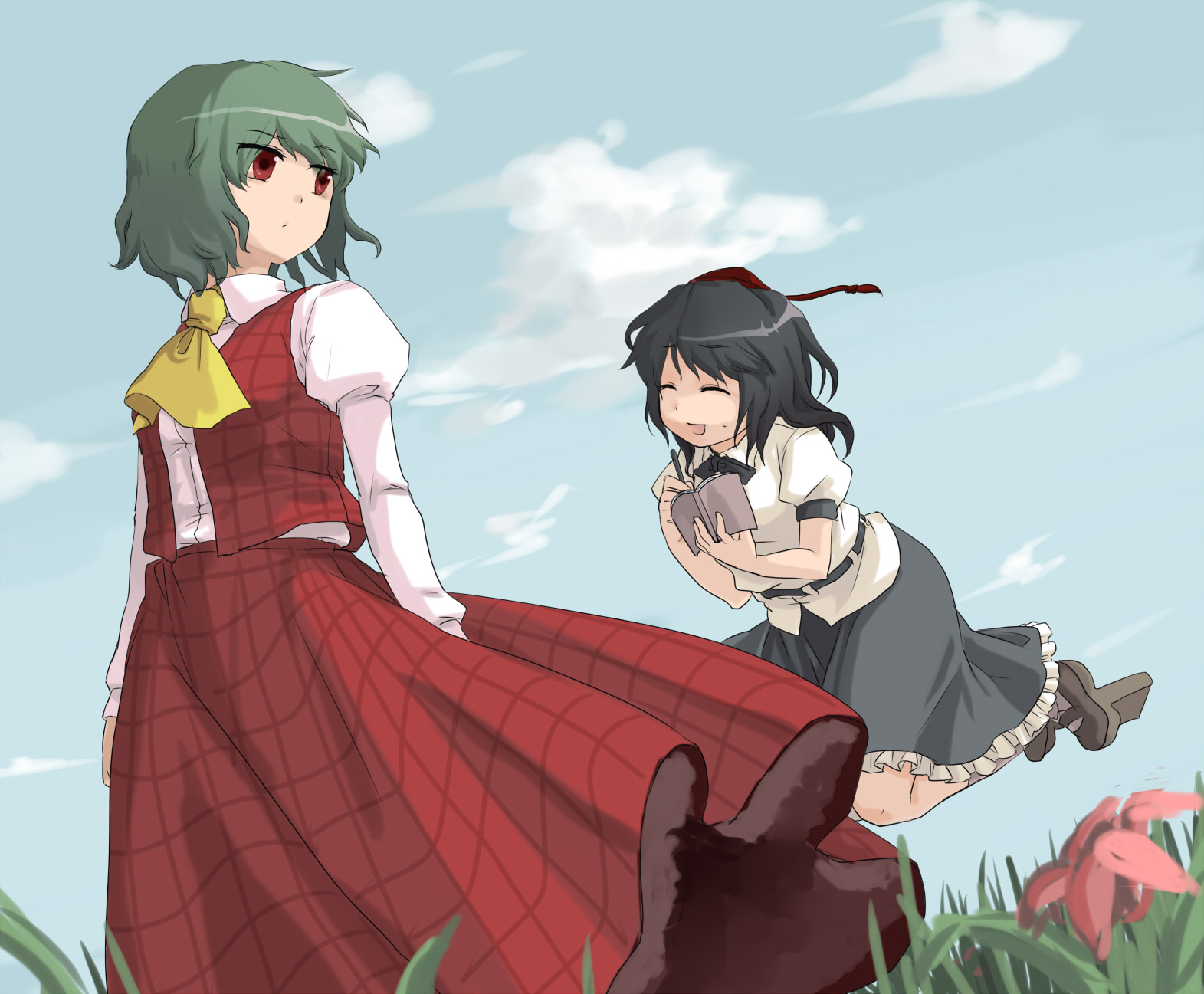 ari (artist), ariori haberi, kazami yuuka, shameimaru aya, touhou, bad id, bad pixiv id, highres, 2girls, ascot, closed eyes, cloud, day, dutch angle, female focus, flower, flying, geta, grass, green hair, hat, multiple girls, nervous, plaid clothes, plaid skirt, plaid vest, puffy sleeves, red eyes, short hair, skirt, skirt set, sky, tengu-geta, tokin hat, vest
