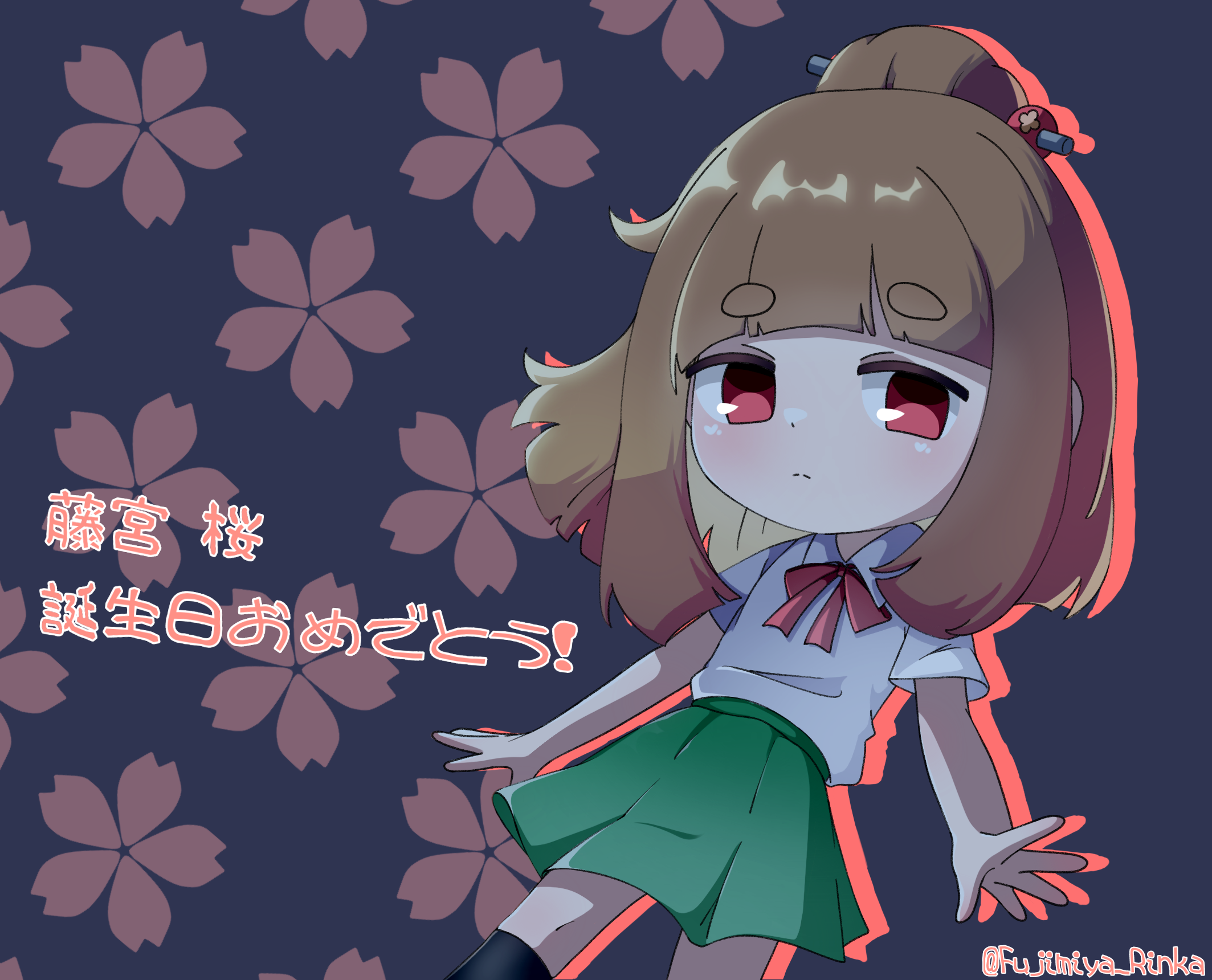 fujimiya sakura, battle girl high school, commentary request, highres, translation request, 1girl, black socks, brown hair, chibi, chibi only, closed mouth, drop shadow, fujimiyarinka, green skirt, hair ornament, hair stick, long hair, looking at viewer, red eyes, red ribbon, ribbon, school uniform, shirt, short sleeves, skirt, socks, solo, thick eyebrows, white shirt