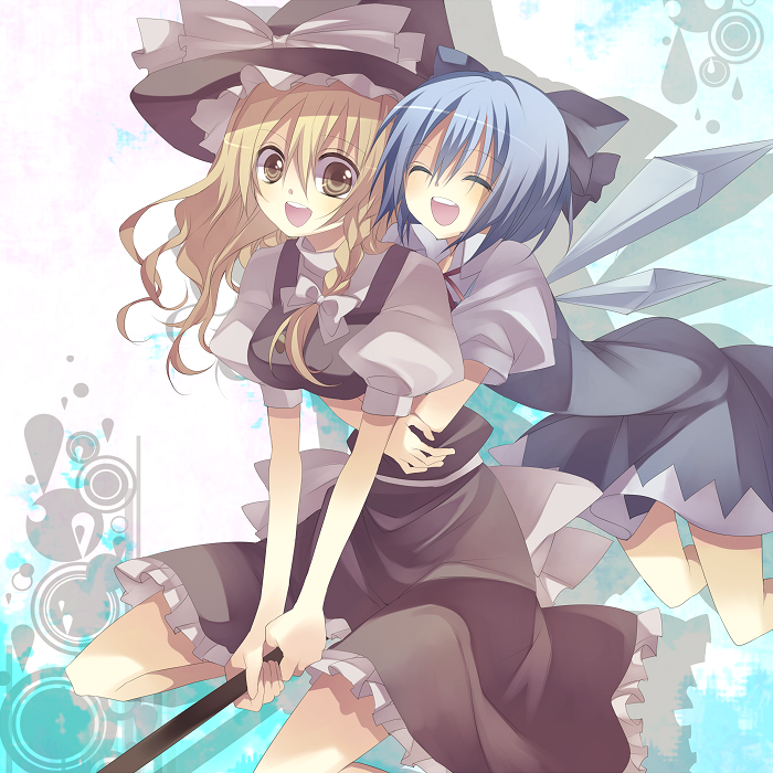 tsukioka tsukiho, cirno, kirisame marisa, embodiment of scarlet devil, touhou, bad id, bad pixiv id, 2girls, ^ ^, blonde hair, blue eyes, braid, broom, broom riding, brown eyes, closed eyes, dress, hair ribbon, hat, multiple girls, open mouth, ribbon, wings, witch, witch hat