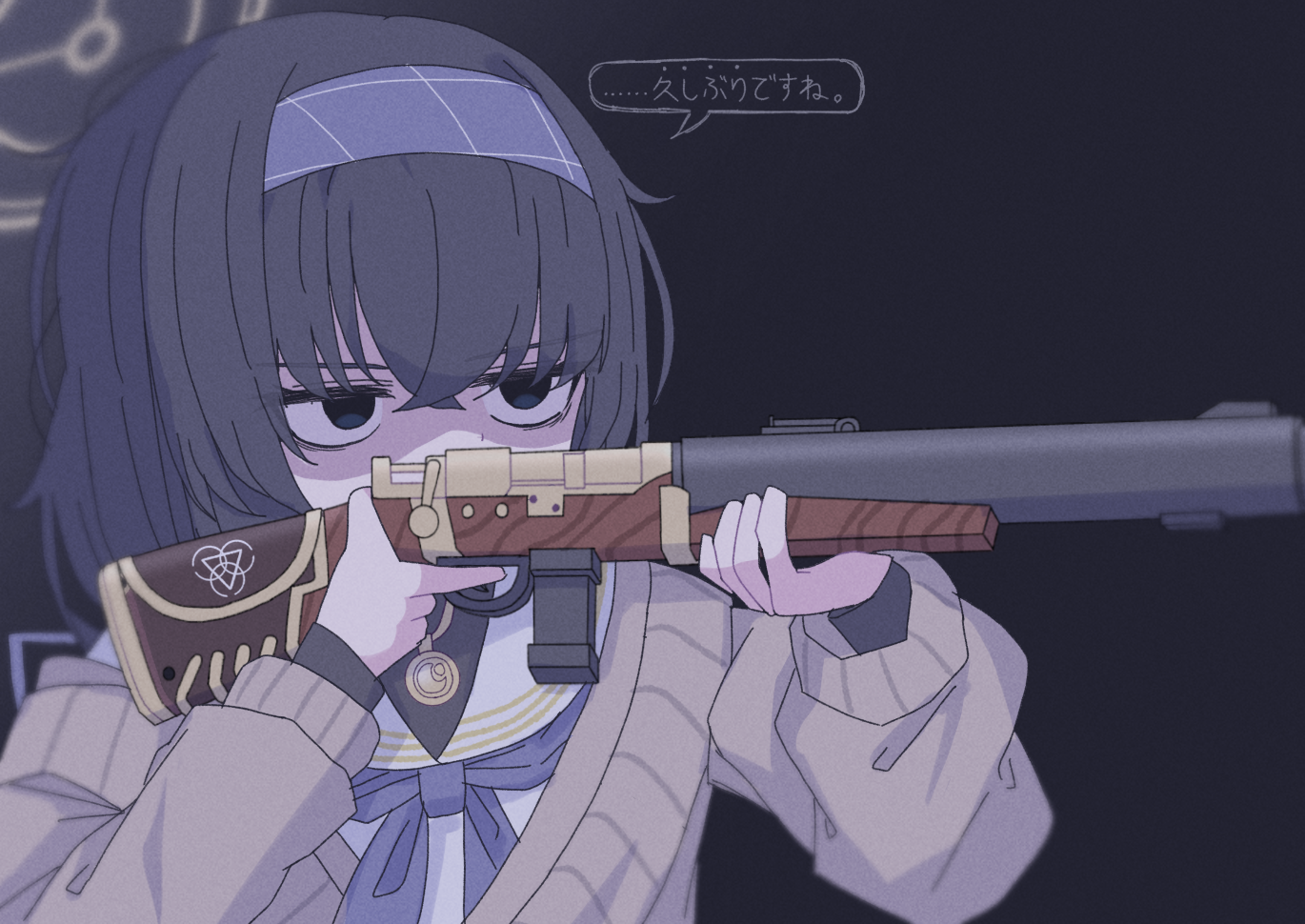 tkugane, ui (blue archive), blue archive, translation request, 1girl, bags under eyes, black background, black hair, blue eyes, blue hairband, brown jacket, covered mouth, de lisle carbine, gun, hair between eyes, hairband, halo, hands up, holding, holding gun, holding weapon, jacket, long hair, long sleeves, puffy long sleeves, puffy sleeves, rifle, sailor collar, shaded face, shirt, simple background, solo, trigger discipline, upper body, weapon, white sailor collar, white shirt